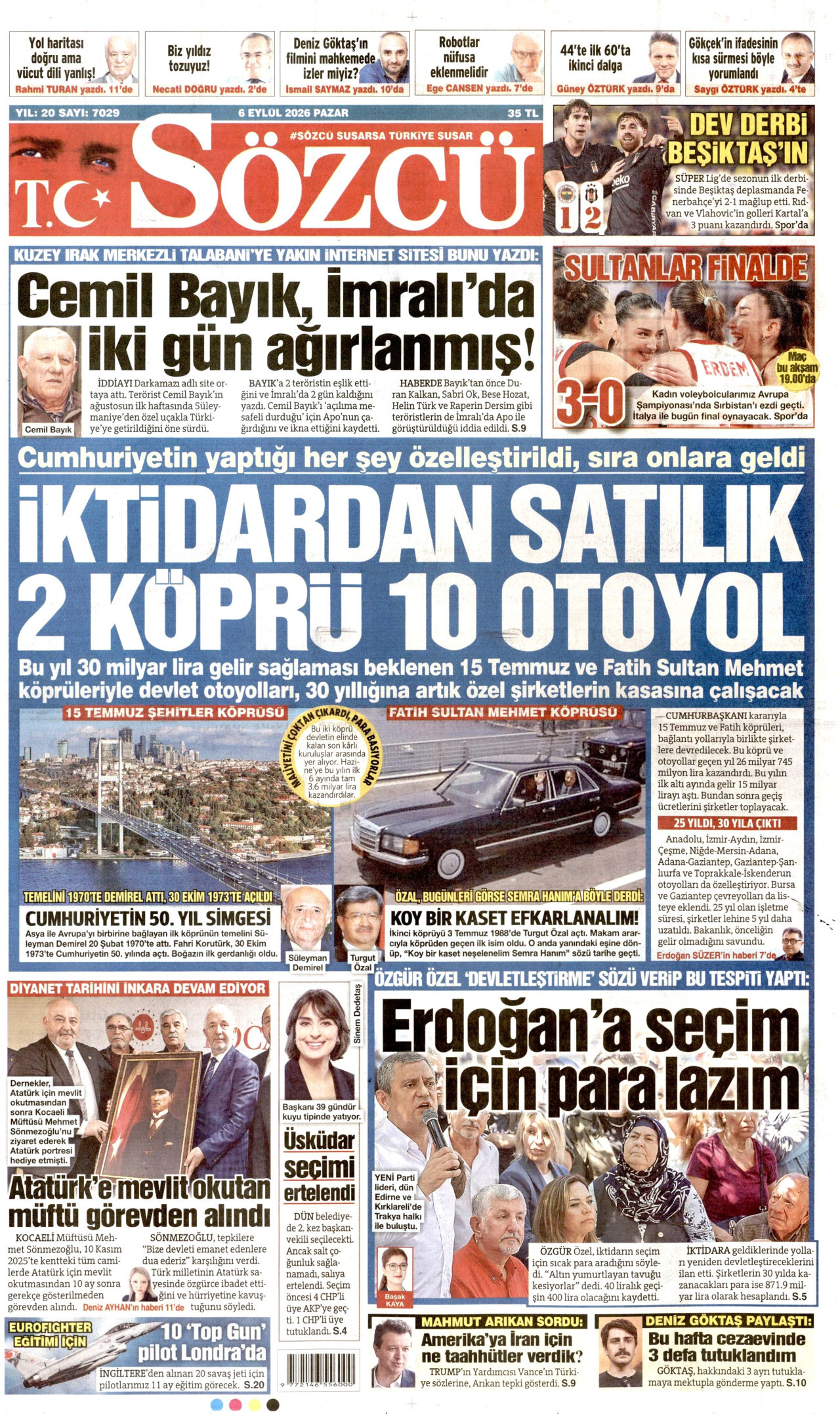 SÖZCÜ 6 Eylül 2026 Gazete Manşeti Büyük