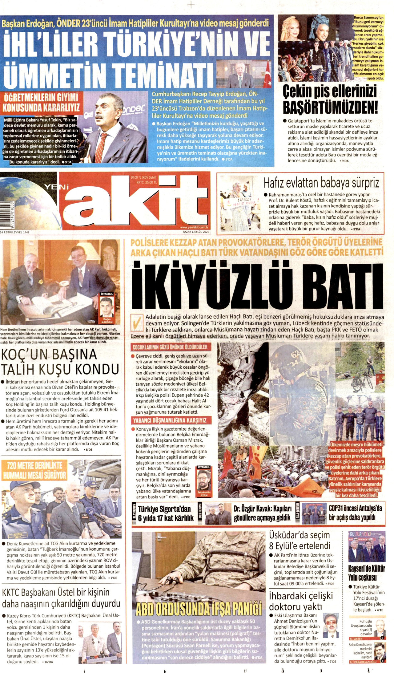 YENİ AKİT 6 Eylül 2026 Gazete Manşeti Büyük