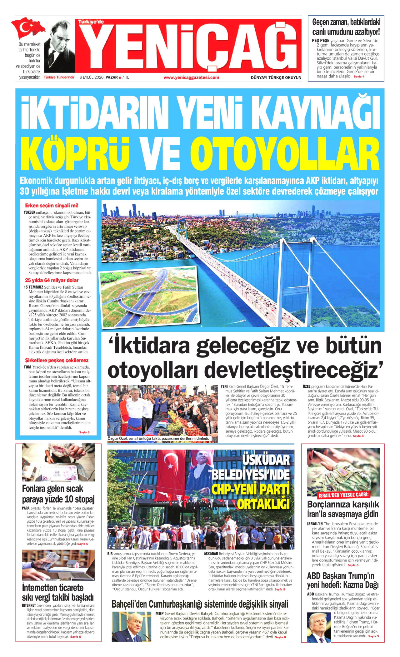 YENİÇAĞ 6 Eylül 2026 Gazete Manşeti Büyük