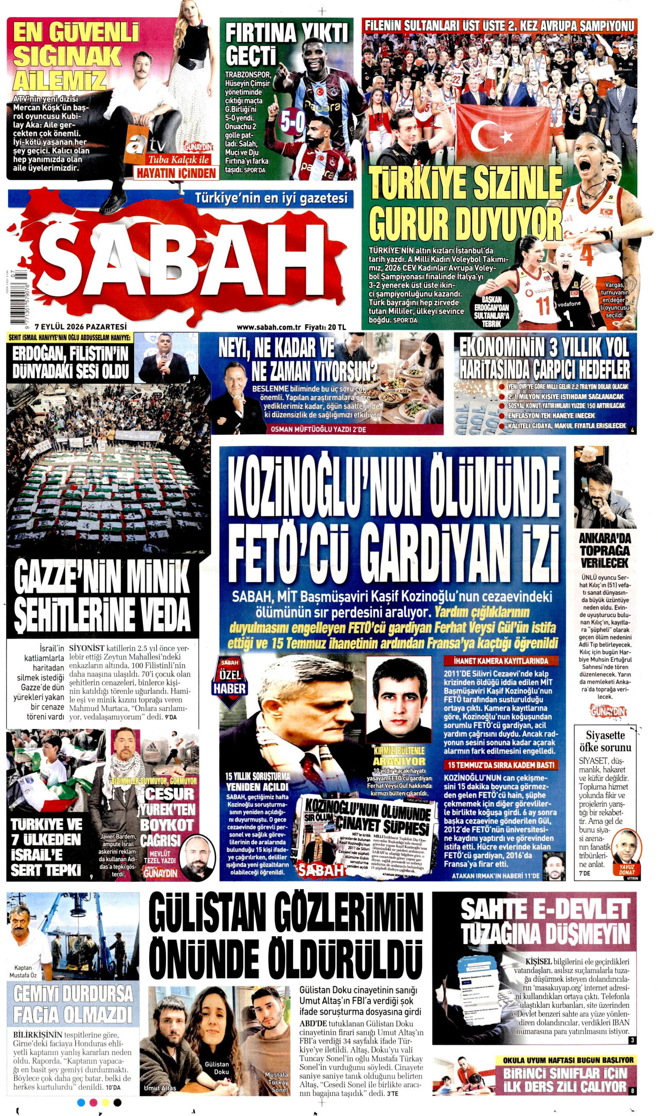 SABAH gazetesinin 7 Eylül 2026 tarihli birinci sayfası