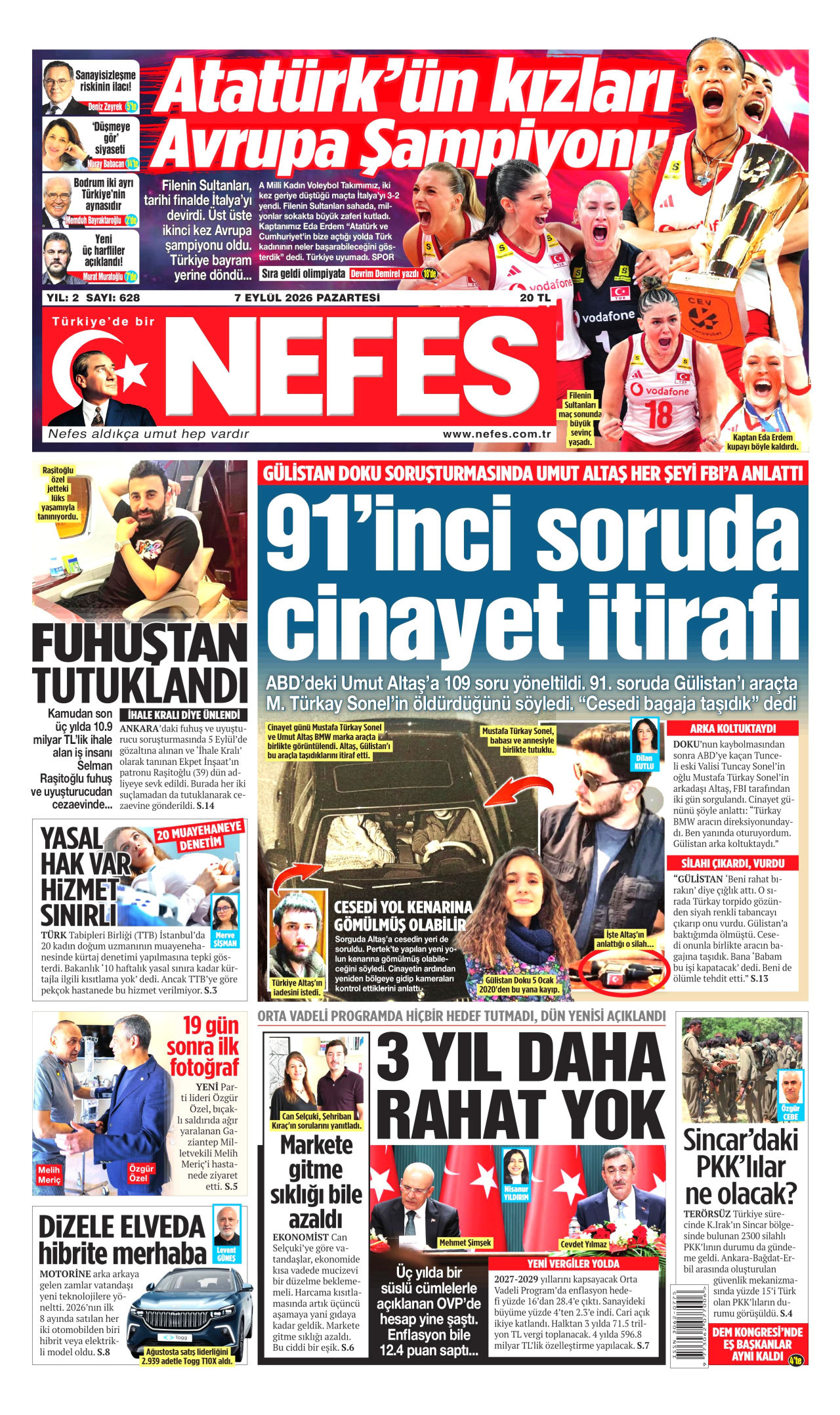 NEFES gazetesinin 7 Eylül 2026 tarihli birinci sayfası