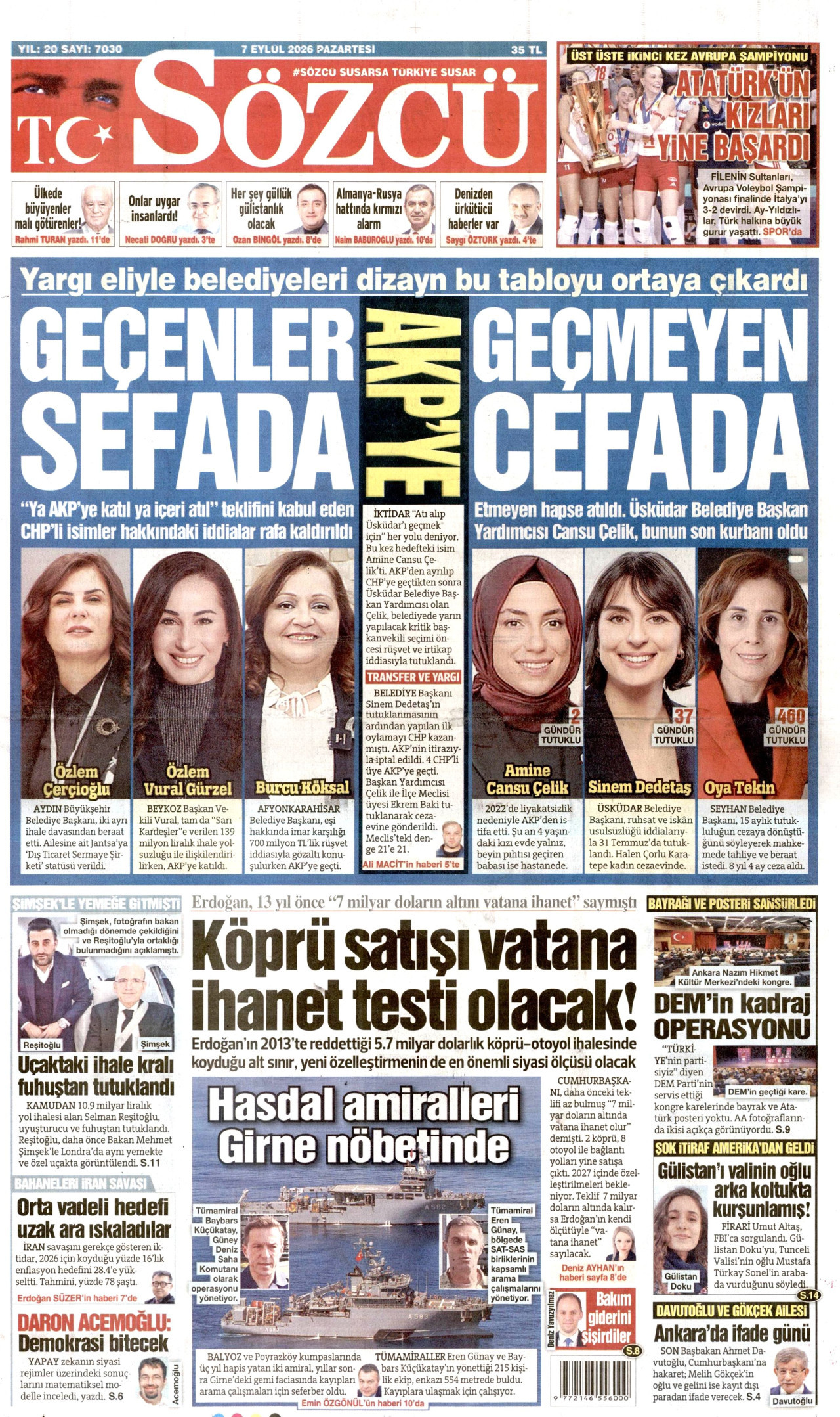 SÖZCÜ gazetesinin 7 Eylül 2026 tarihli birinci sayfası