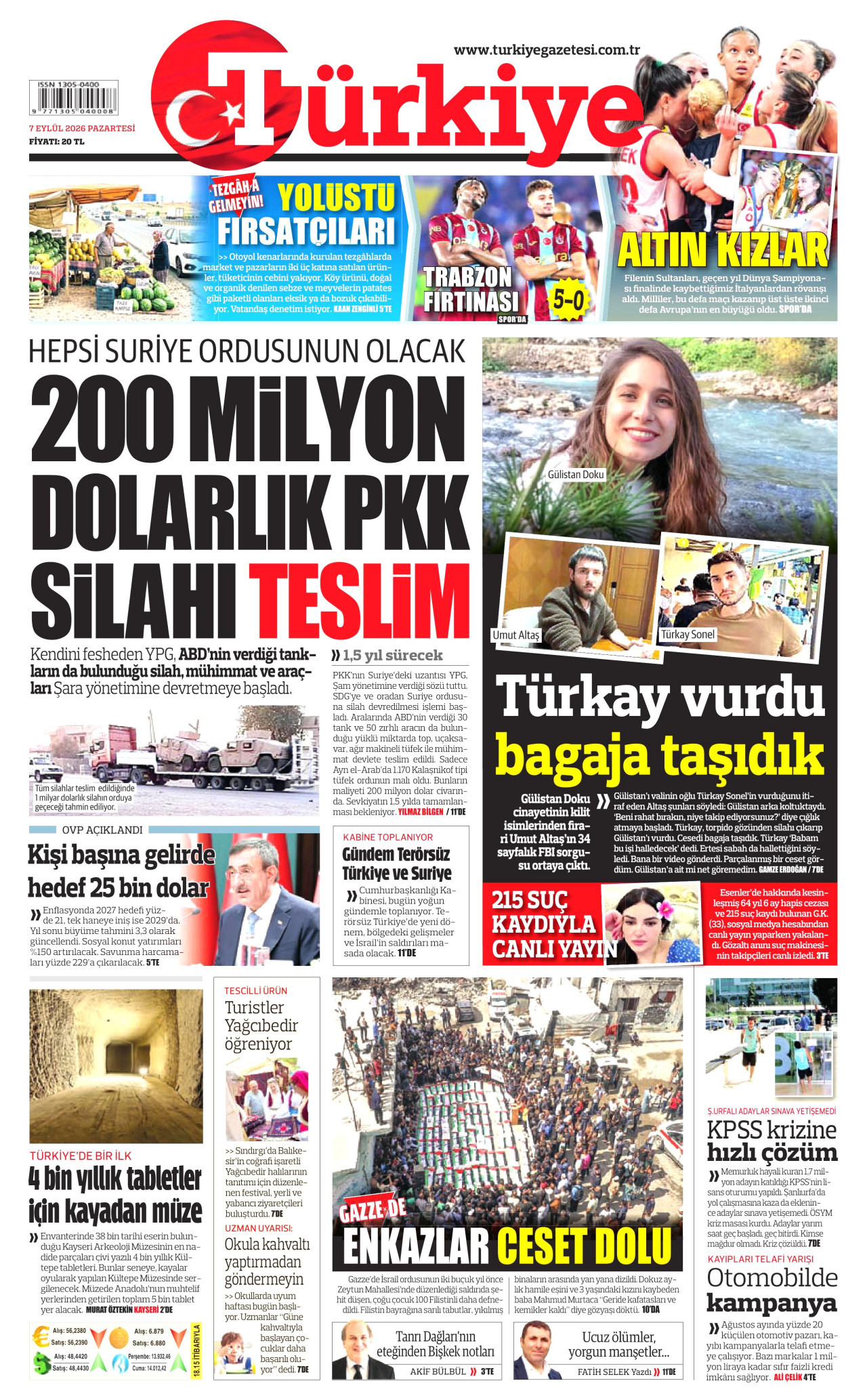 TÜRKİYE GAZETESİ gazetesinin 7 Eylül 2026 tarihli birinci sayfası