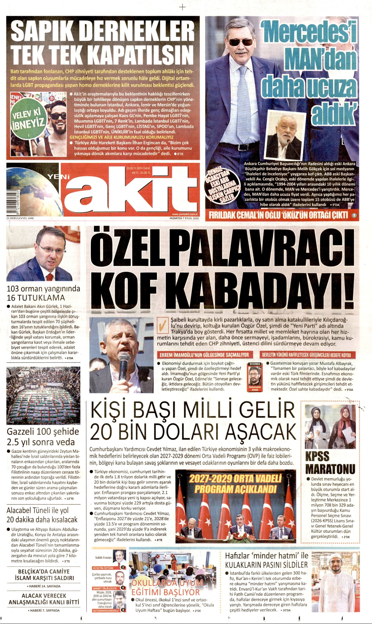 YENİ AKİT gazetesinin 7 Eylül 2026 tarihli birinci sayfası