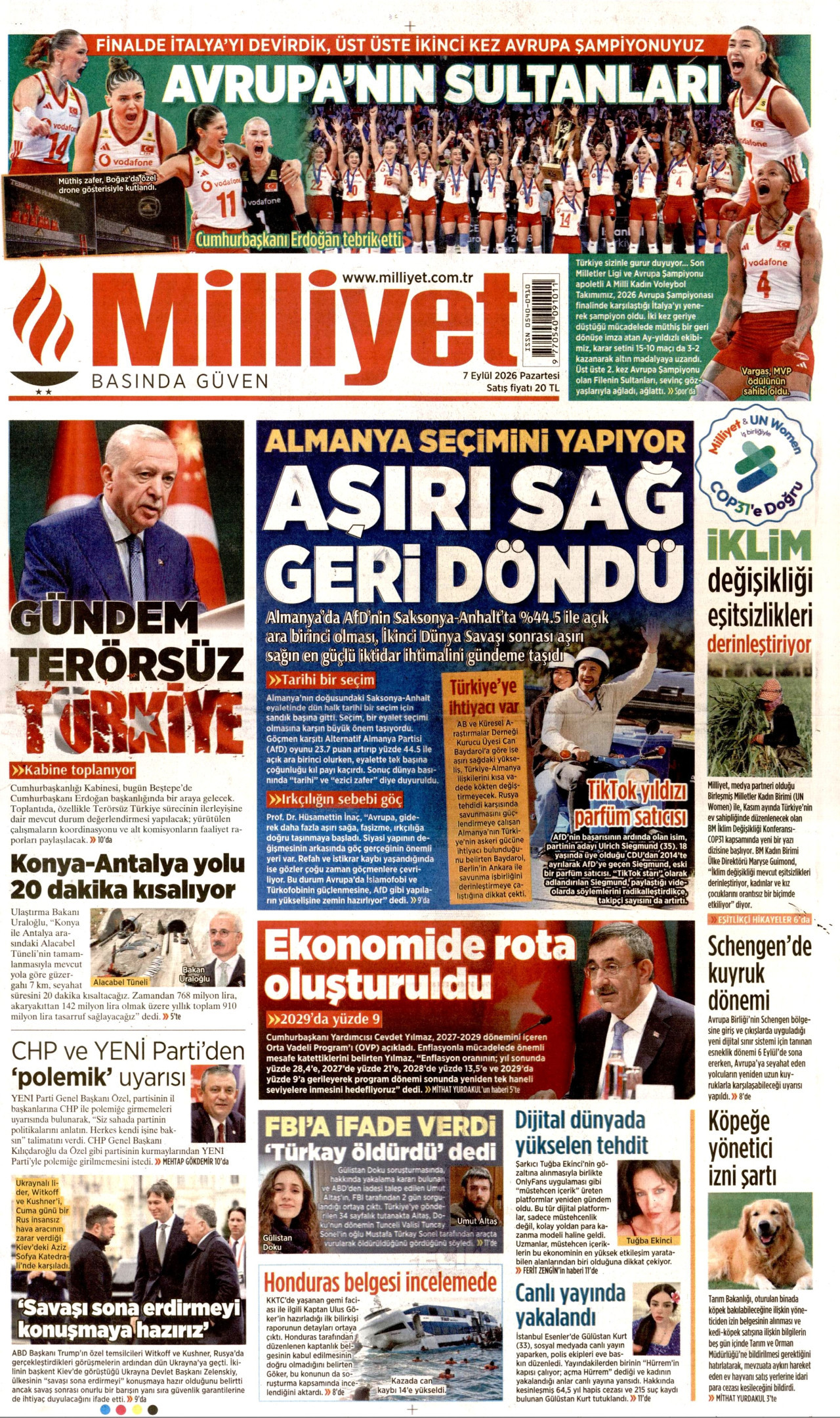 MİLLİYET gazetesinin 7 Eylül 2026 tarihli birinci sayfası