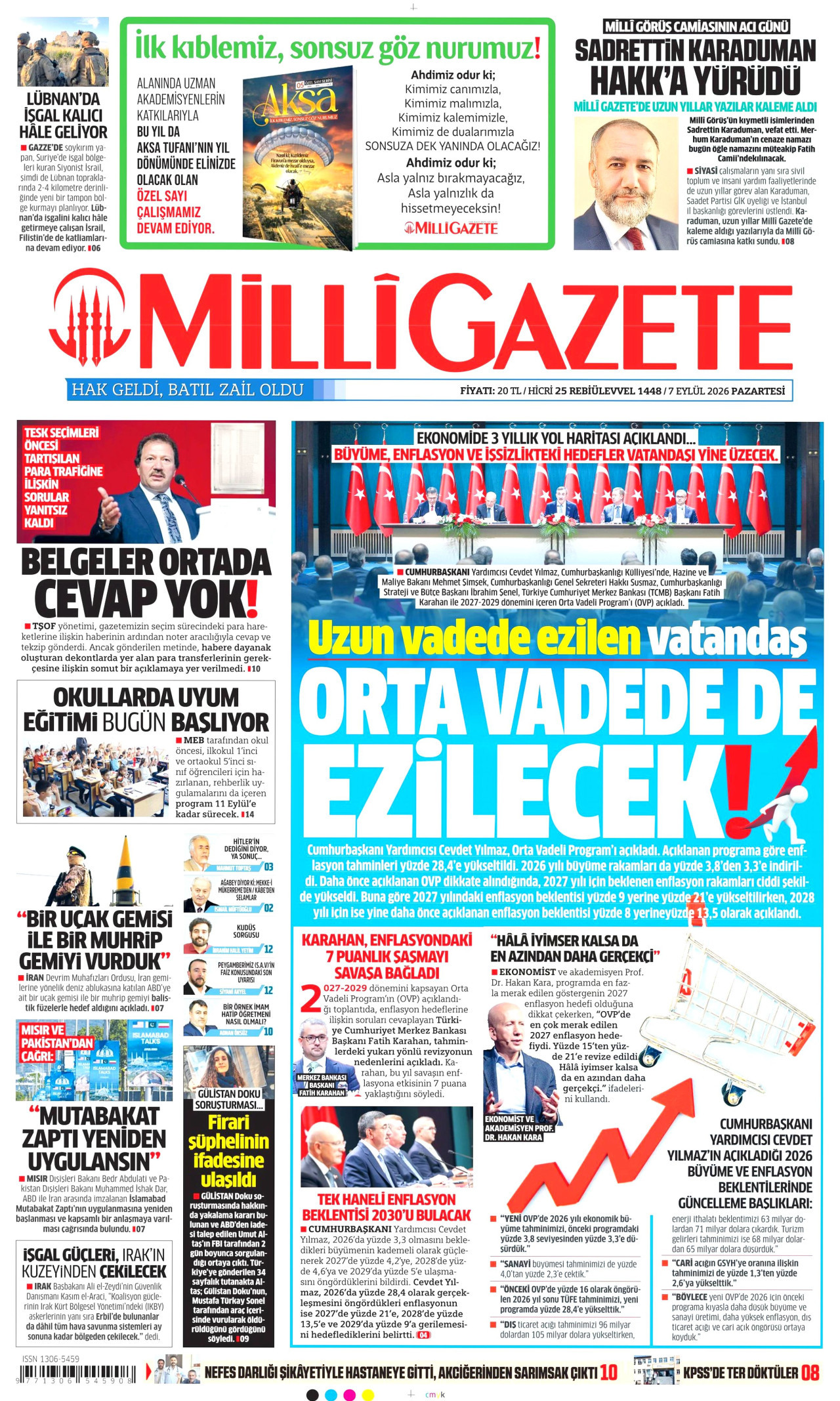MİLLİ GAZETE gazetesinin 7 Eylül 2026 tarihli birinci sayfası