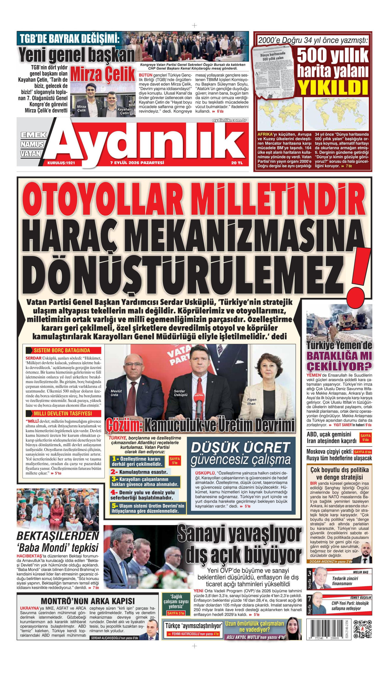 AYDINLIK GAZETESİ gazetesinin 7 Eylül 2026 tarihli birinci sayfası