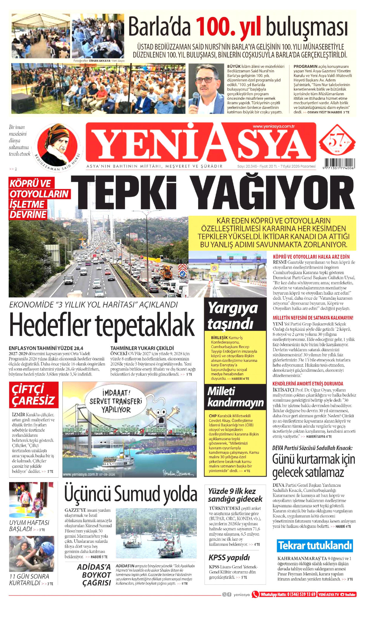 YENİ ASYA gazetesinin 7 Eylül 2026 tarihli birinci sayfası