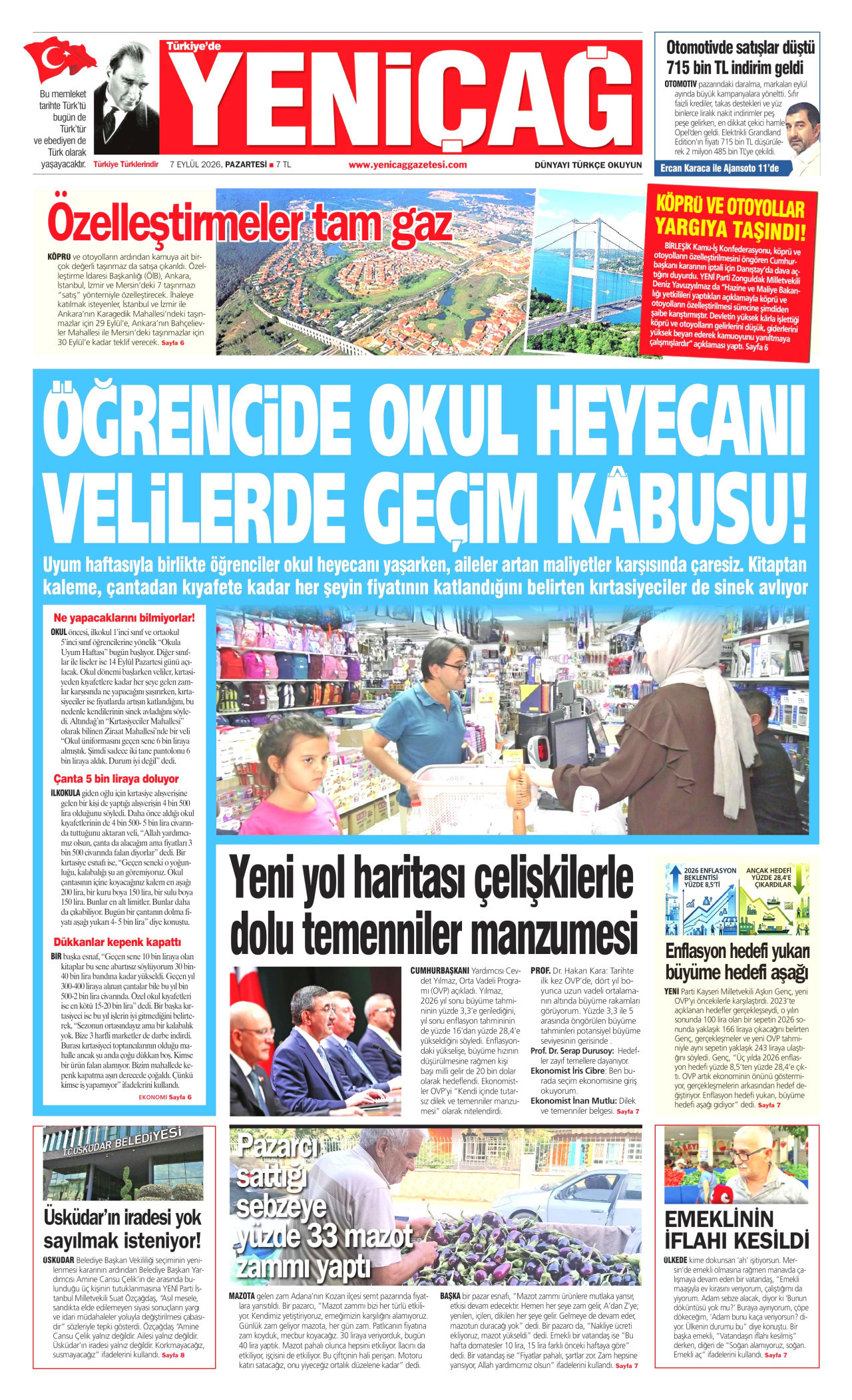 YENİÇAĞ gazetesinin 7 Eylül 2026 tarihli birinci sayfası