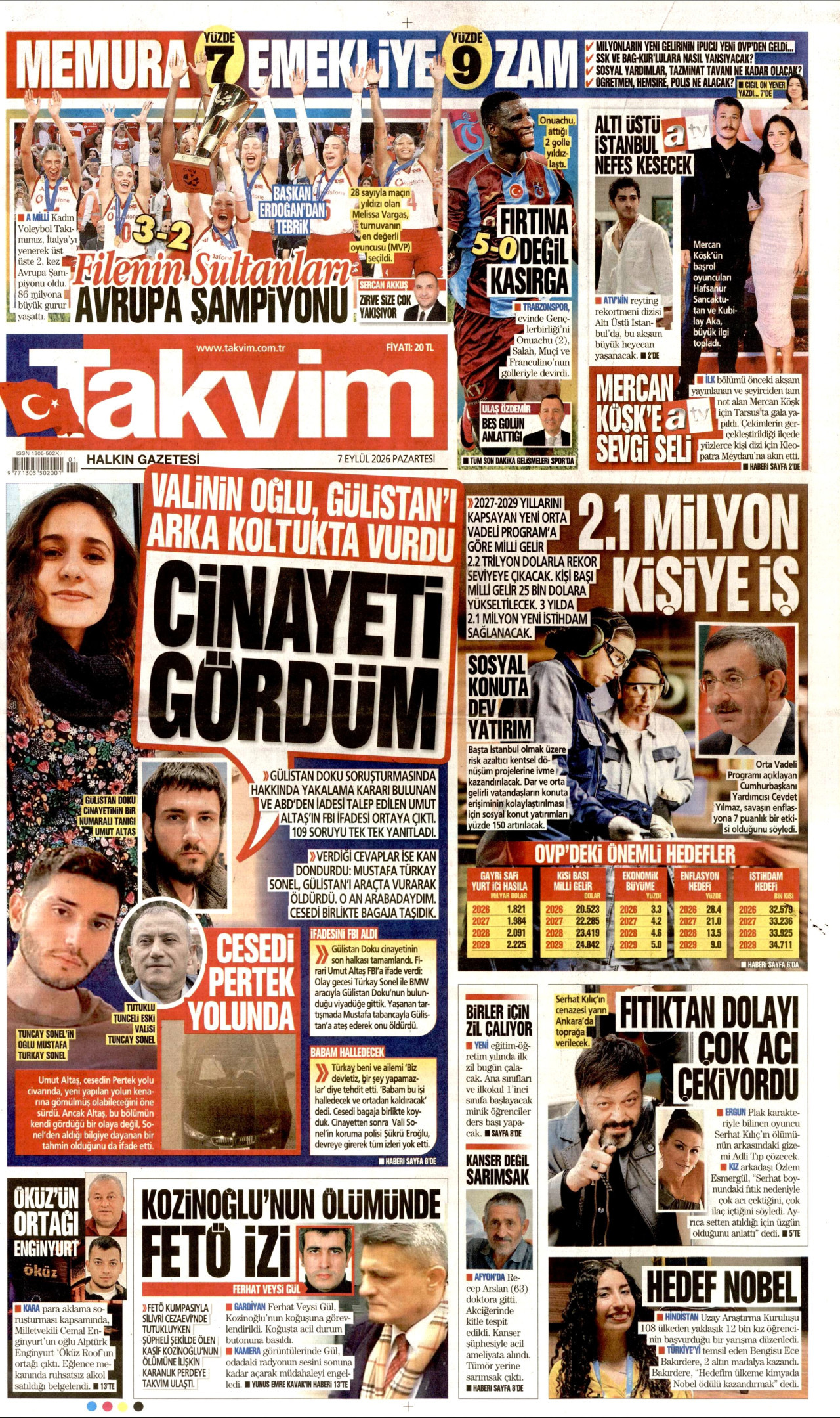TAKVİM gazetesinin 7 Eylül 2026 tarihli birinci sayfası