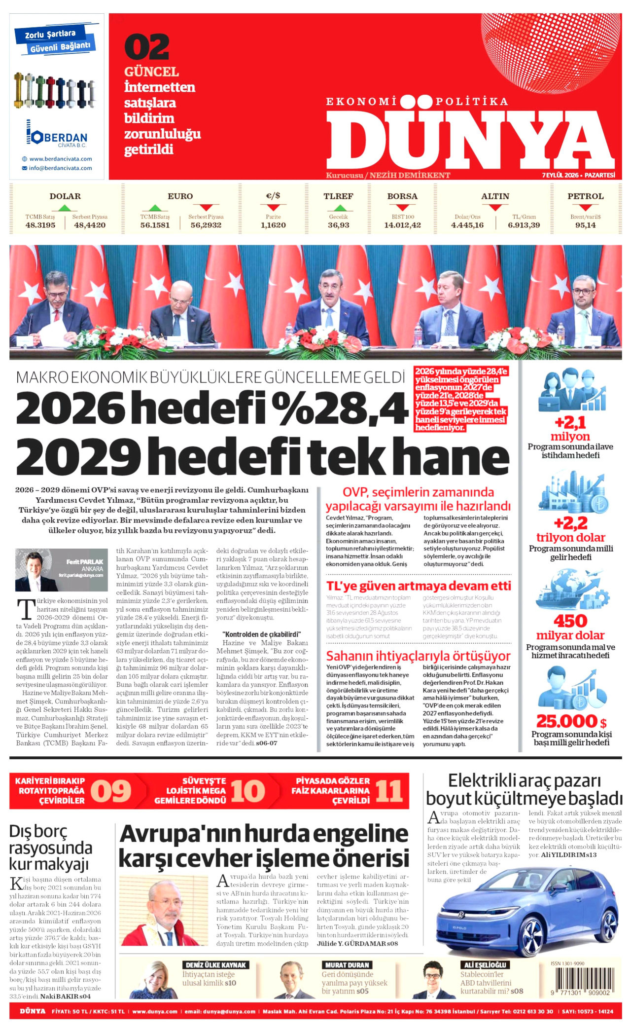 DÜNYA gazetesinin 7 Eylül 2026 tarihli birinci sayfası