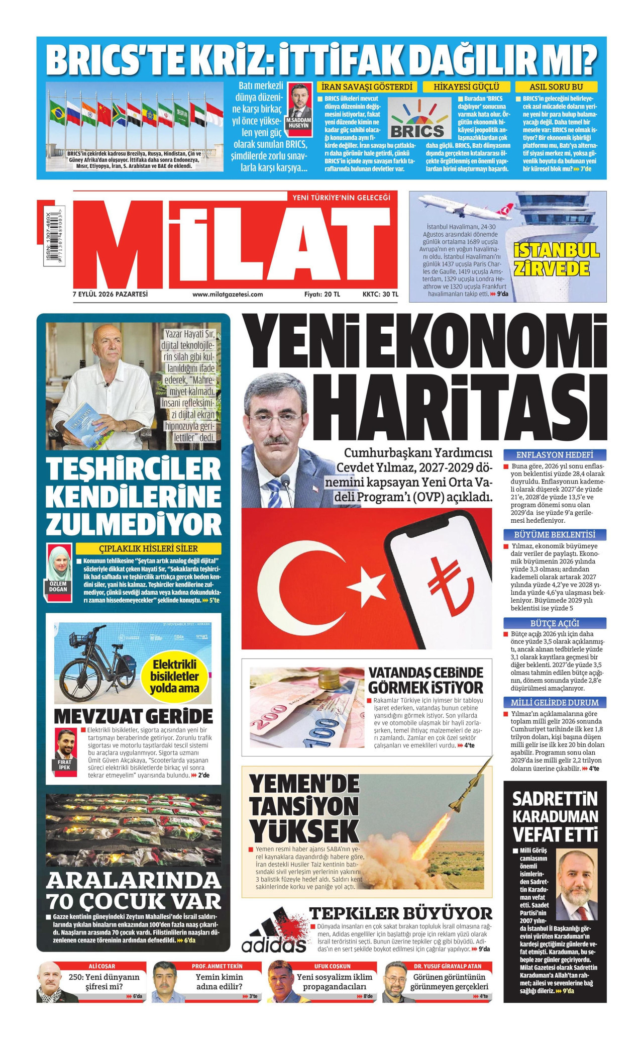 MİLAT gazetesinin 7 Eylül 2026 tarihli birinci sayfası
