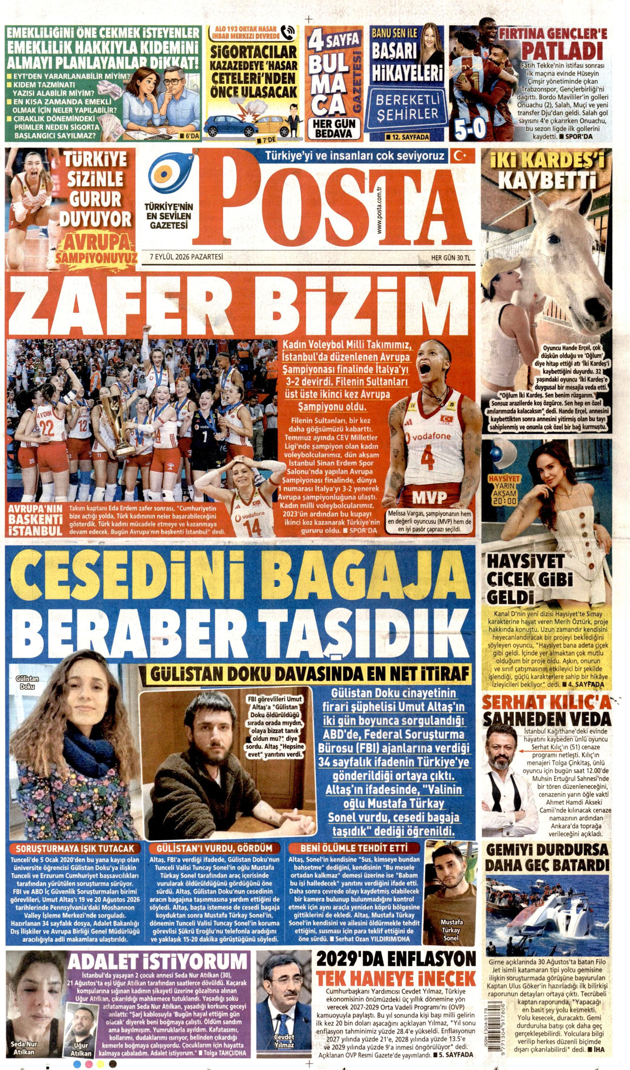 POSTA gazetesinin 7 Eylül 2026 tarihli birinci sayfası