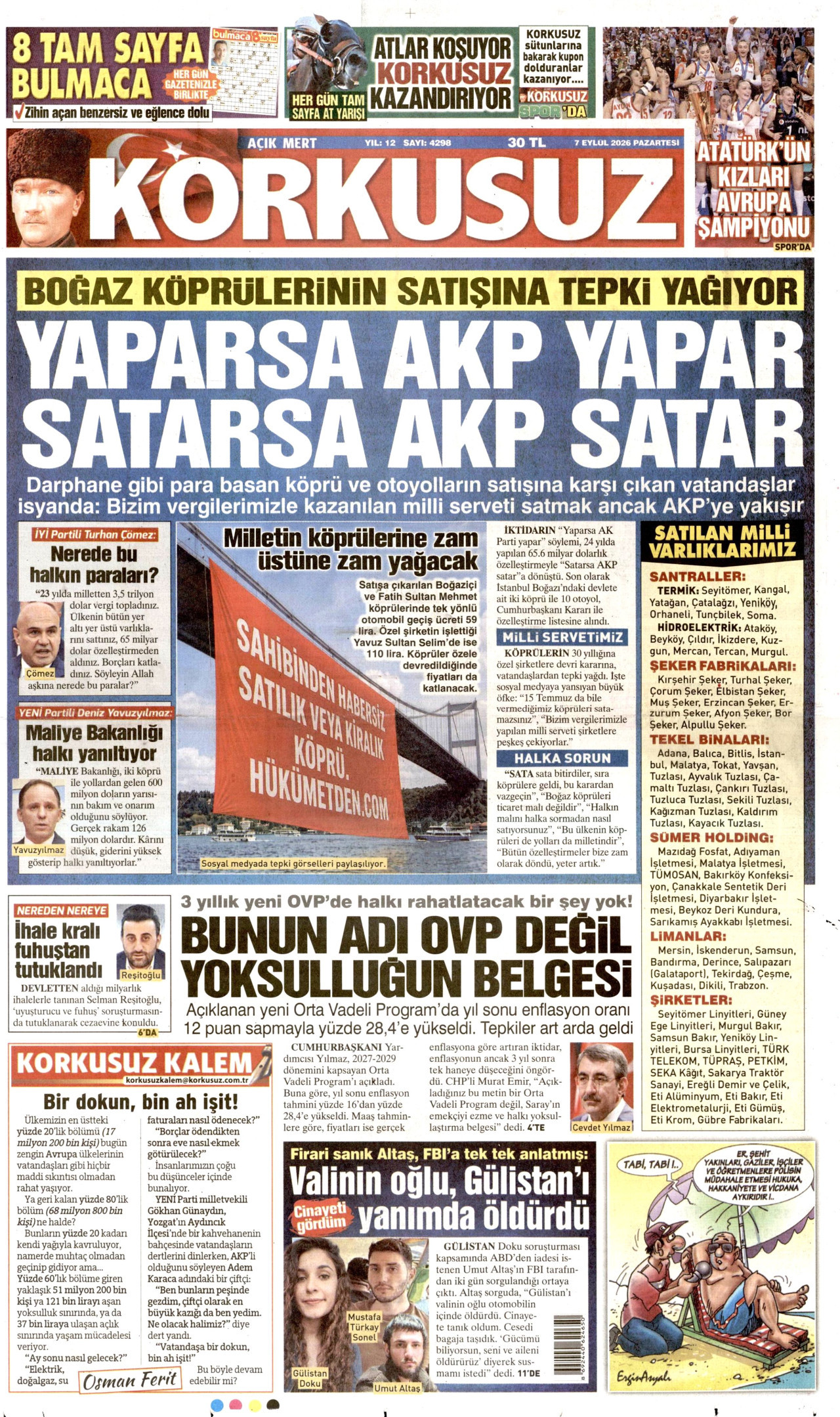 KORKUSUZ gazetesinin 7 Eylül 2026 tarihli birinci sayfası