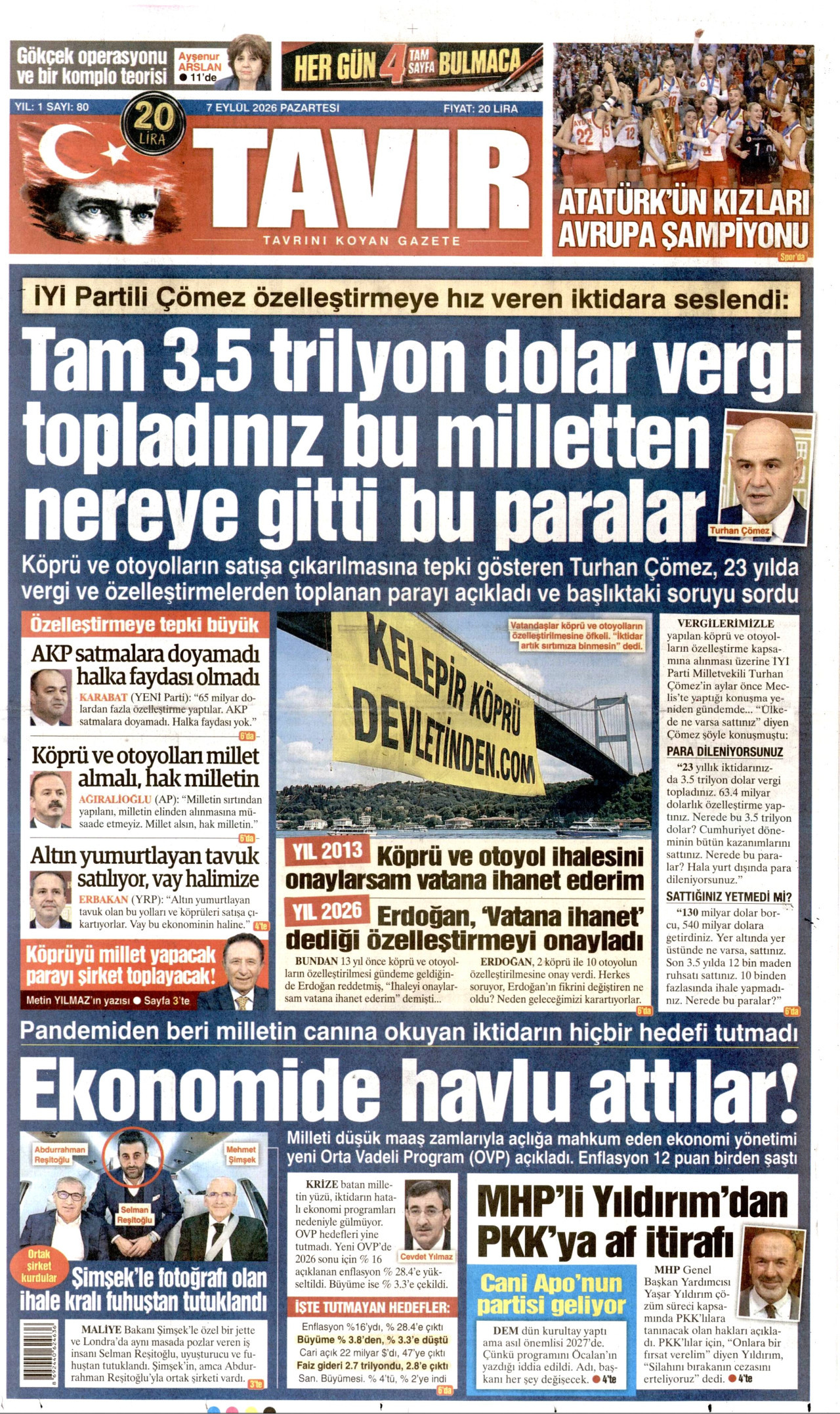 TAVIR GAZETESİ gazetesinin 7 Eylül 2026 tarihli birinci sayfası