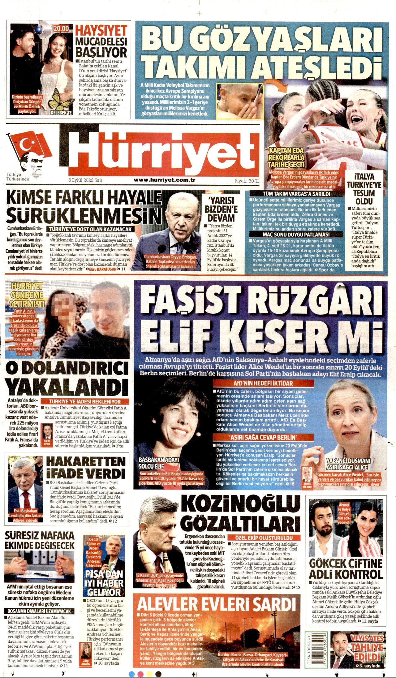 HÜRRİYET gazetesinin 8 Eylül 2026 tarihli birinci sayfası