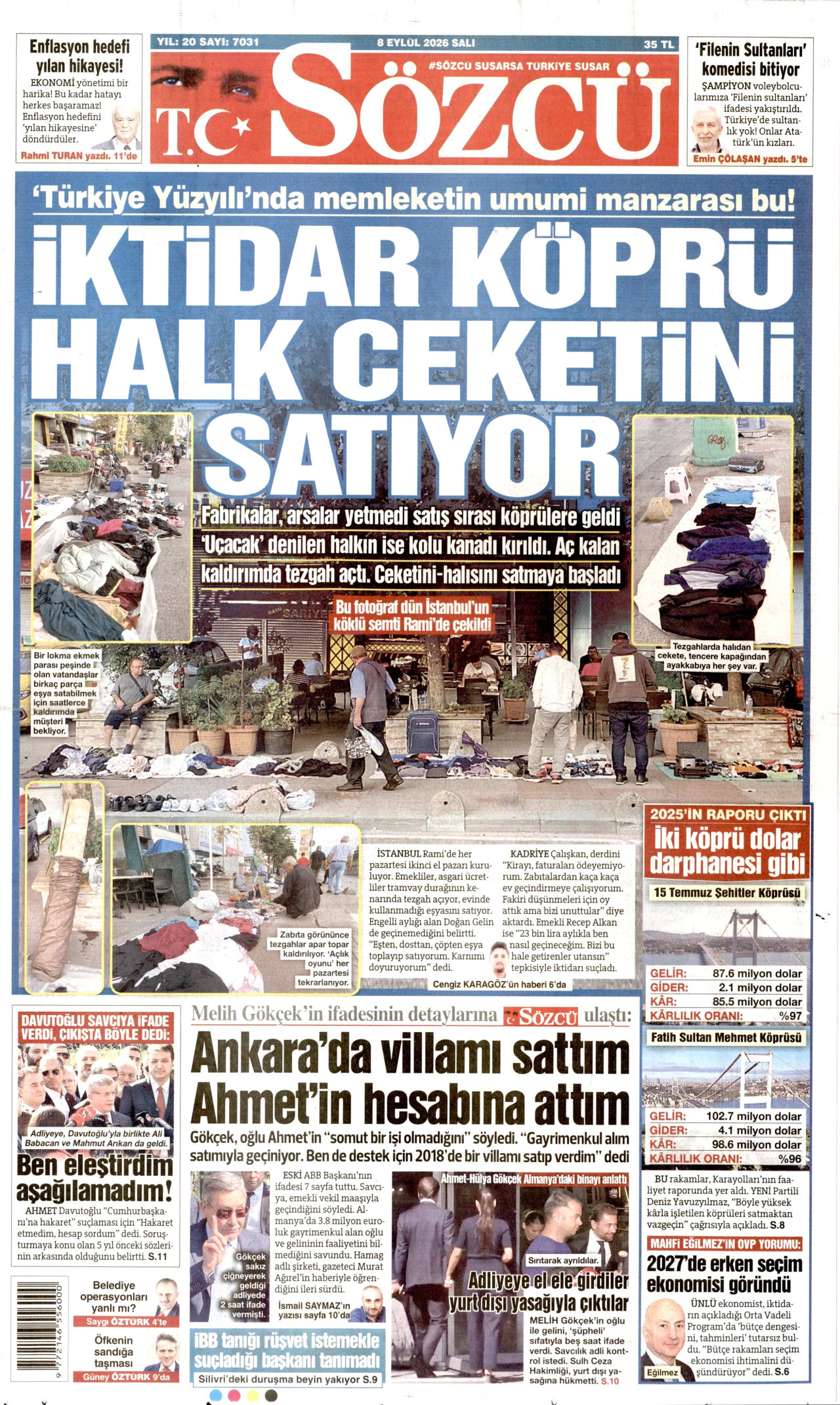 SÖZCÜ gazetesinin 8 Eylül 2026 tarihli birinci sayfası