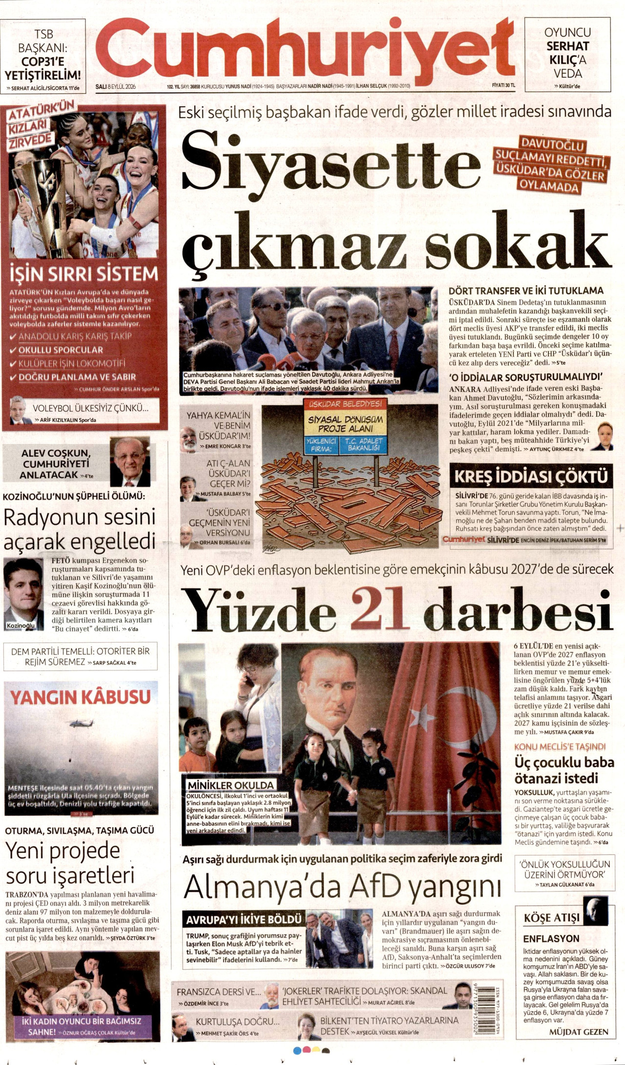 CUMHURİYET gazetesinin 8 Eylül 2026 tarihli birinci sayfası