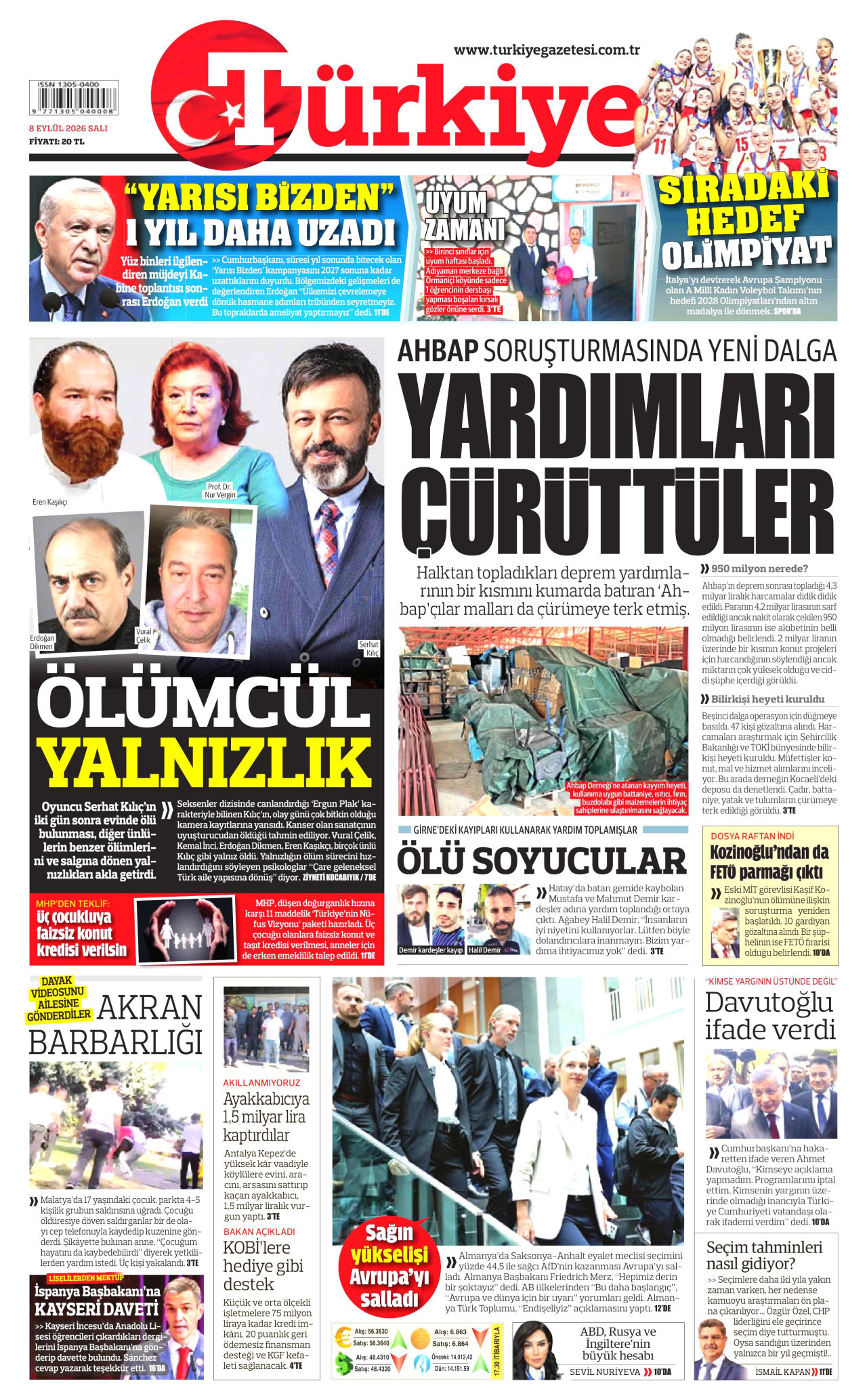 TÜRKİYE GAZETESİ gazetesinin 8 Eylül 2026 tarihli birinci sayfası