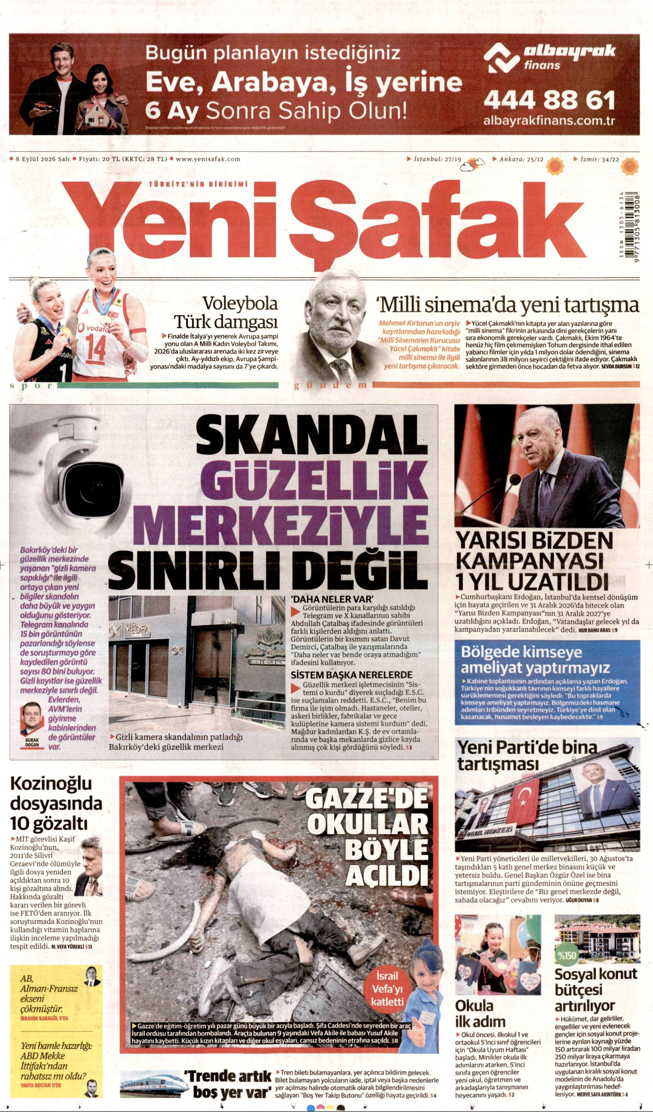 YENİ ŞAFAK gazetesinin 8 Eylül 2026 tarihli birinci sayfası