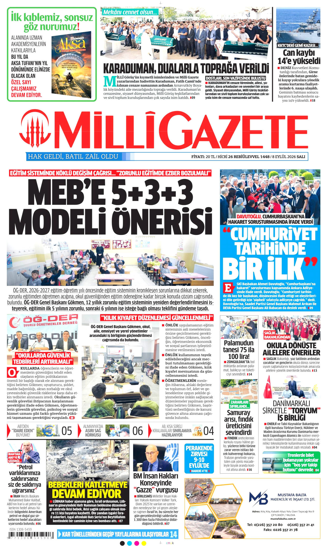 MİLLİ GAZETE gazetesinin 8 Eylül 2026 tarihli birinci sayfası