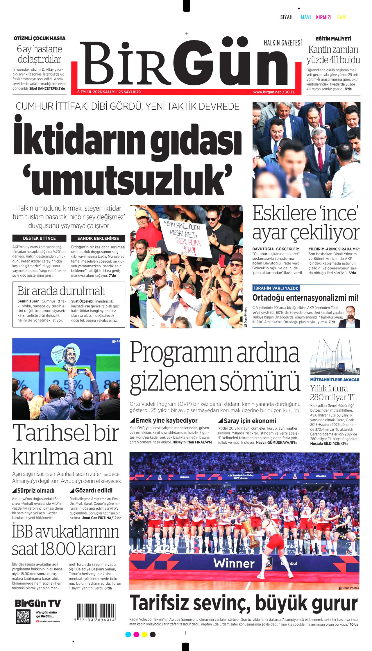 BİRGÜN gazetesinin 8 Eylül 2026 tarihli birinci sayfası