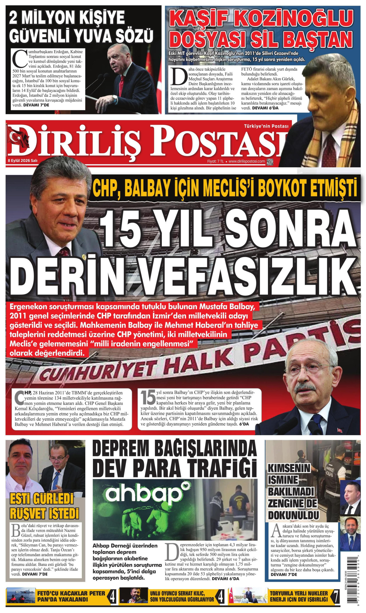 DİRİLİŞ POSTASI gazetesinin 8 Eylül 2026 tarihli birinci sayfası