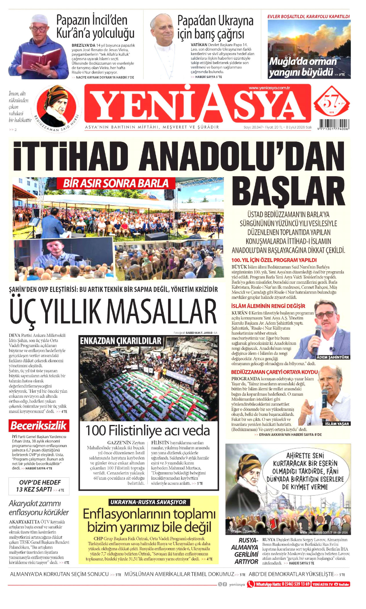 YENİ ASYA gazetesinin 8 Eylül 2026 tarihli birinci sayfası