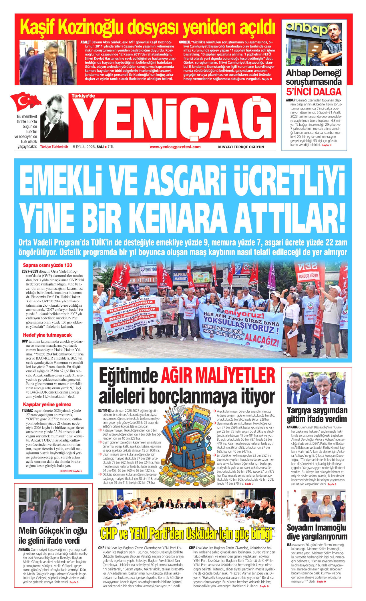 YENİÇAĞ gazetesinin 8 Eylül 2026 tarihli birinci sayfası