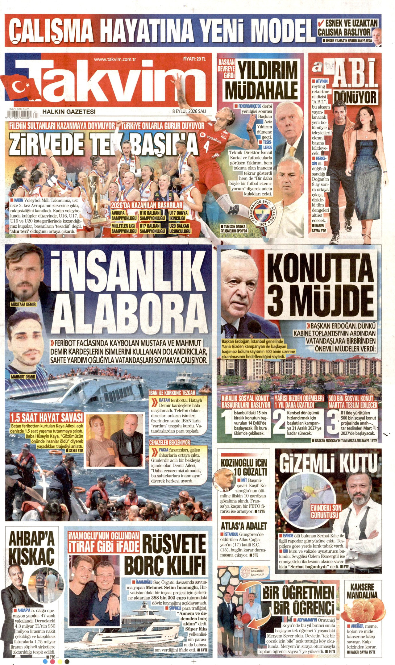 TAKVİM gazetesinin 8 Eylül 2026 tarihli birinci sayfası