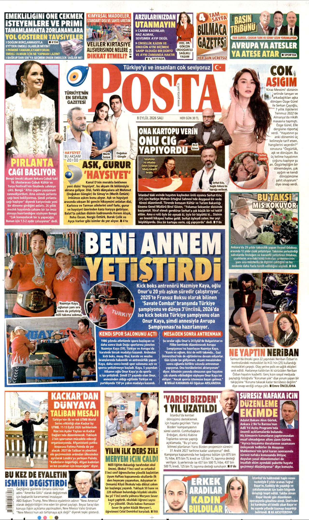 POSTA gazetesinin 8 Eylül 2026 tarihli birinci sayfası