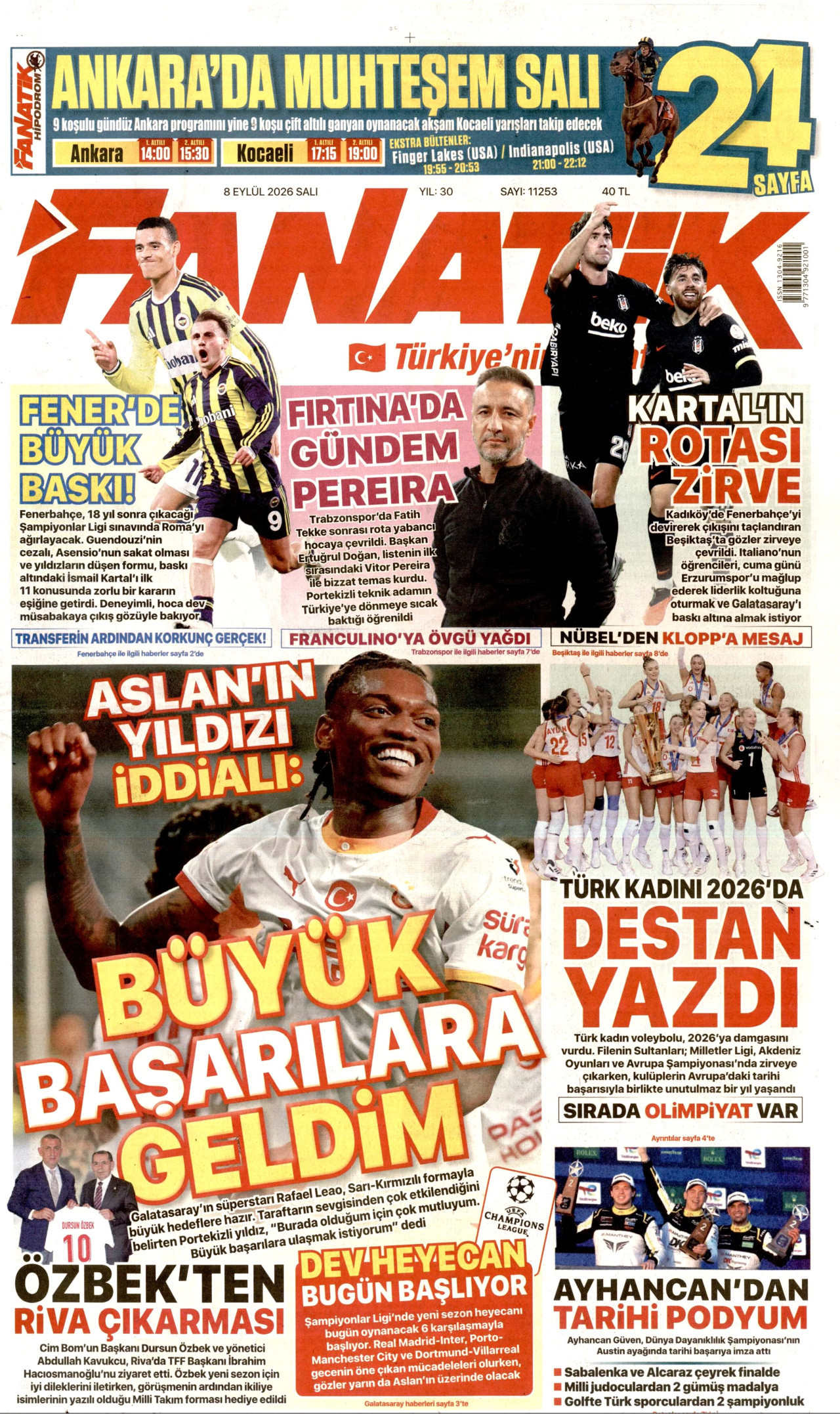 FANATİK gazetesinin 8 Eylül 2026 tarihli birinci sayfası