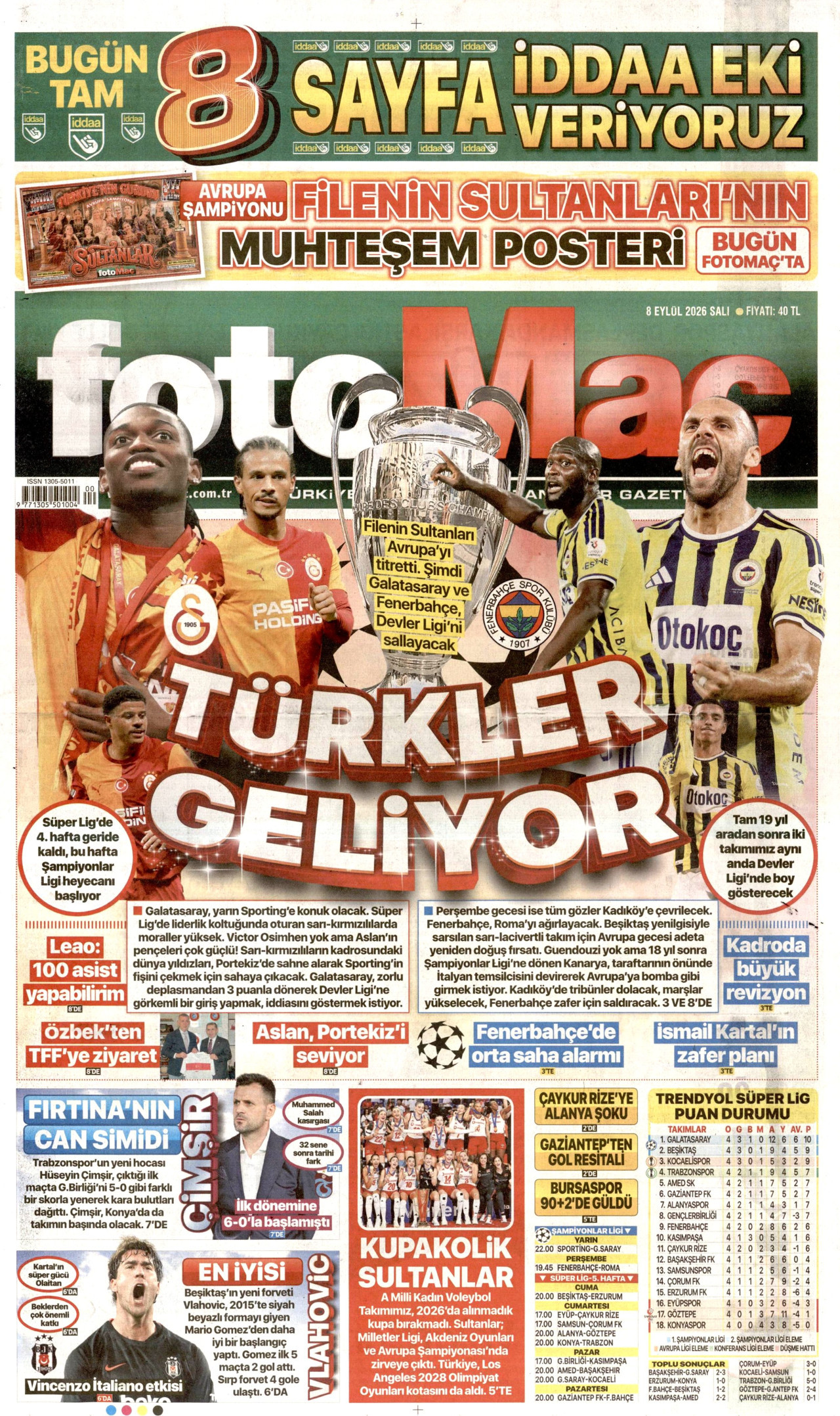 FOTOMAÇ gazetesinin 8 Eylül 2026 tarihli birinci sayfası