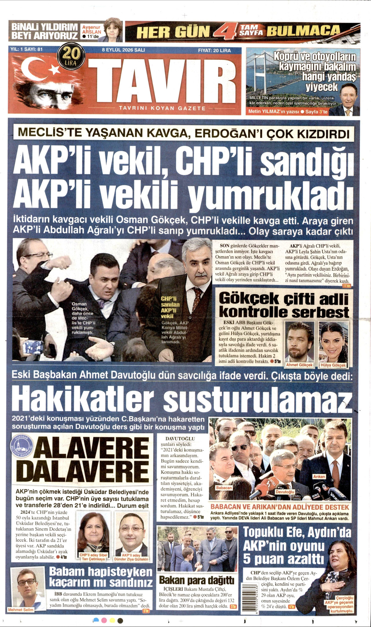 TAVIR GAZETESİ gazetesinin 8 Eylül 2026 tarihli birinci sayfası