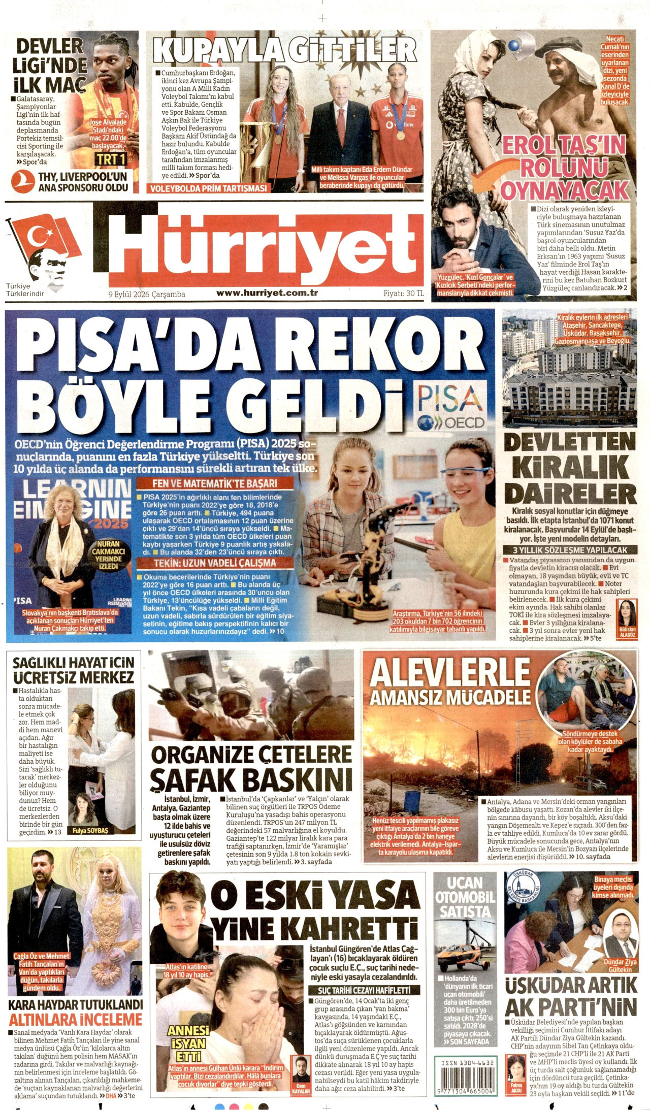 HÜRRİYET gazetesinin 9 Eylül 2026 tarihli birinci sayfası