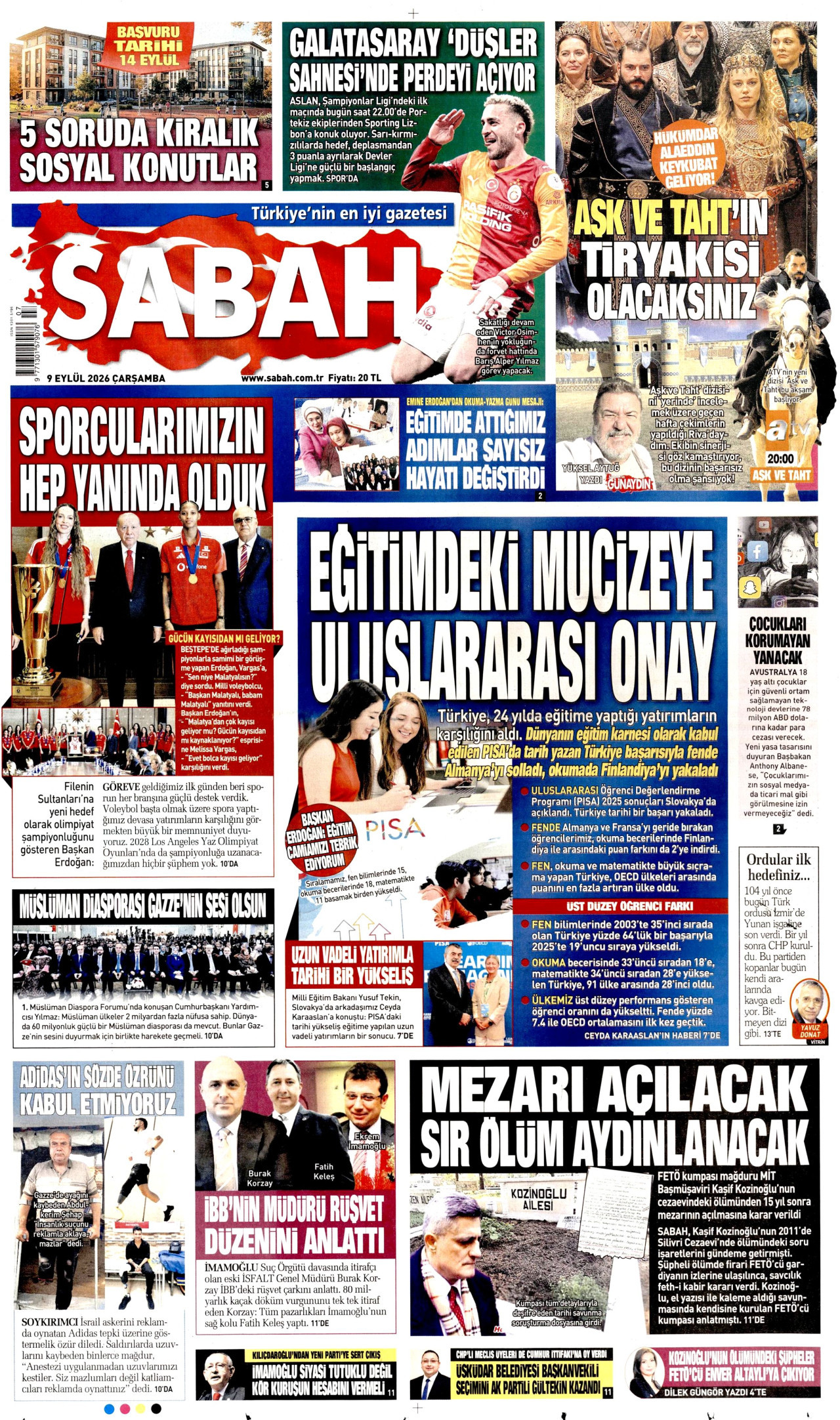 SABAH gazetesinin 9 Eylül 2026 tarihli birinci sayfası