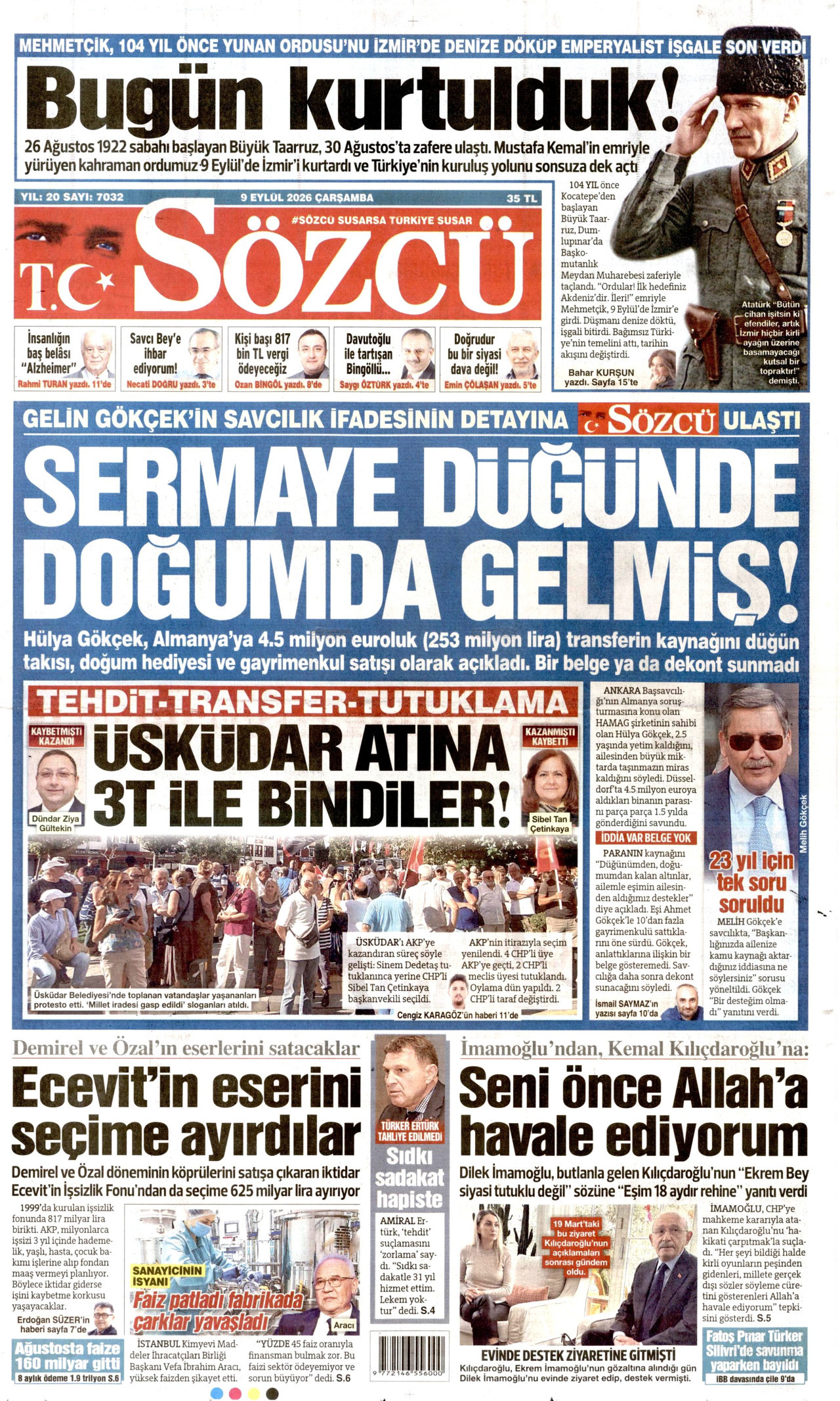 SÖZCÜ gazetesinin 9 Eylül 2026 tarihli birinci sayfası