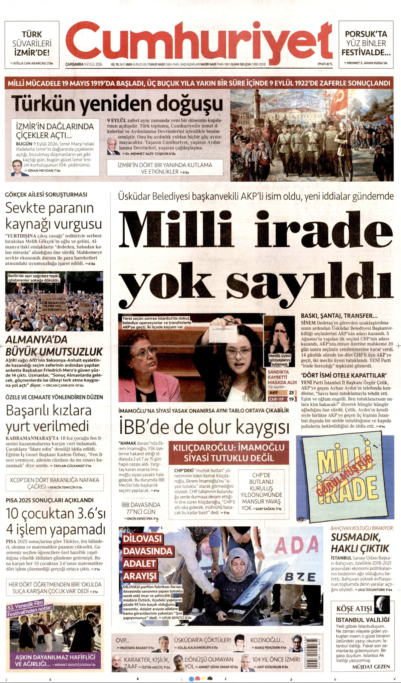 CUMHURİYET gazetesinin 9 Eylül 2026 tarihli birinci sayfası