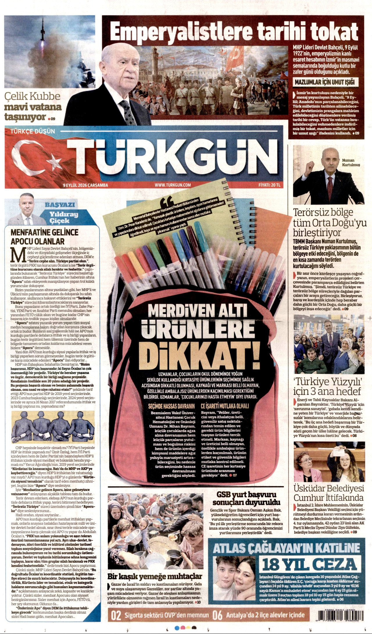 TÜRKGÜN gazetesinin 9 Eylül 2026 tarihli birinci sayfası
