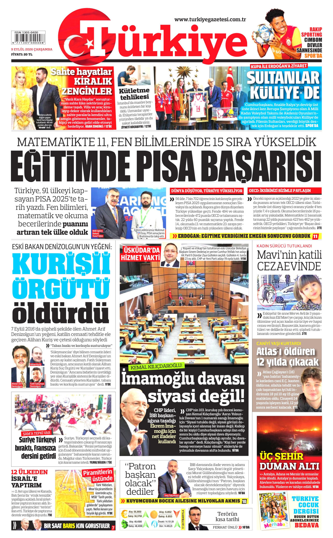 TÜRKİYE GAZETESİ gazetesinin 9 Eylül 2026 tarihli birinci sayfası