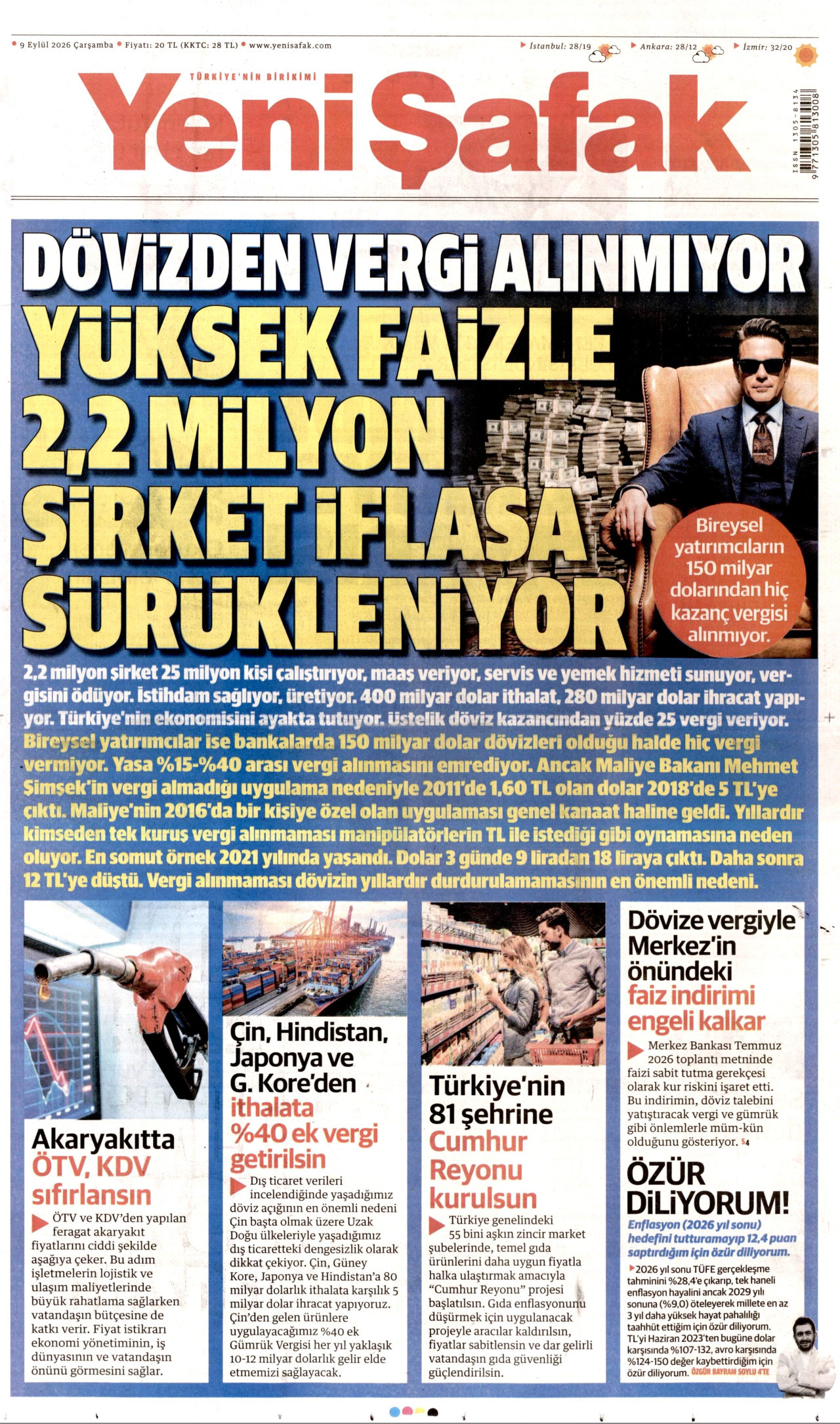 YENİ ŞAFAK gazetesinin 9 Eylül 2026 tarihli birinci sayfası