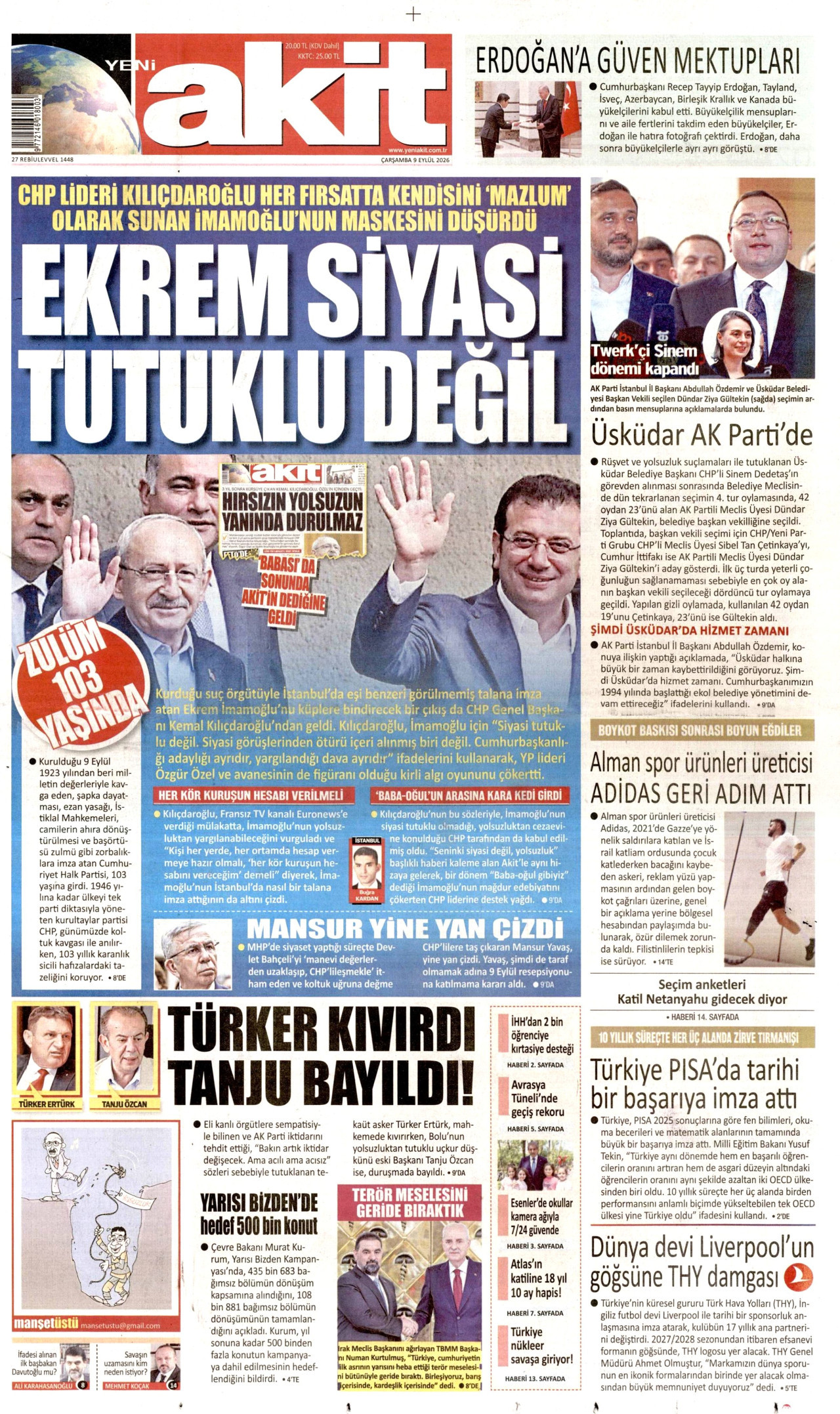YENİ AKİT gazetesinin 9 Eylül 2026 tarihli birinci sayfası