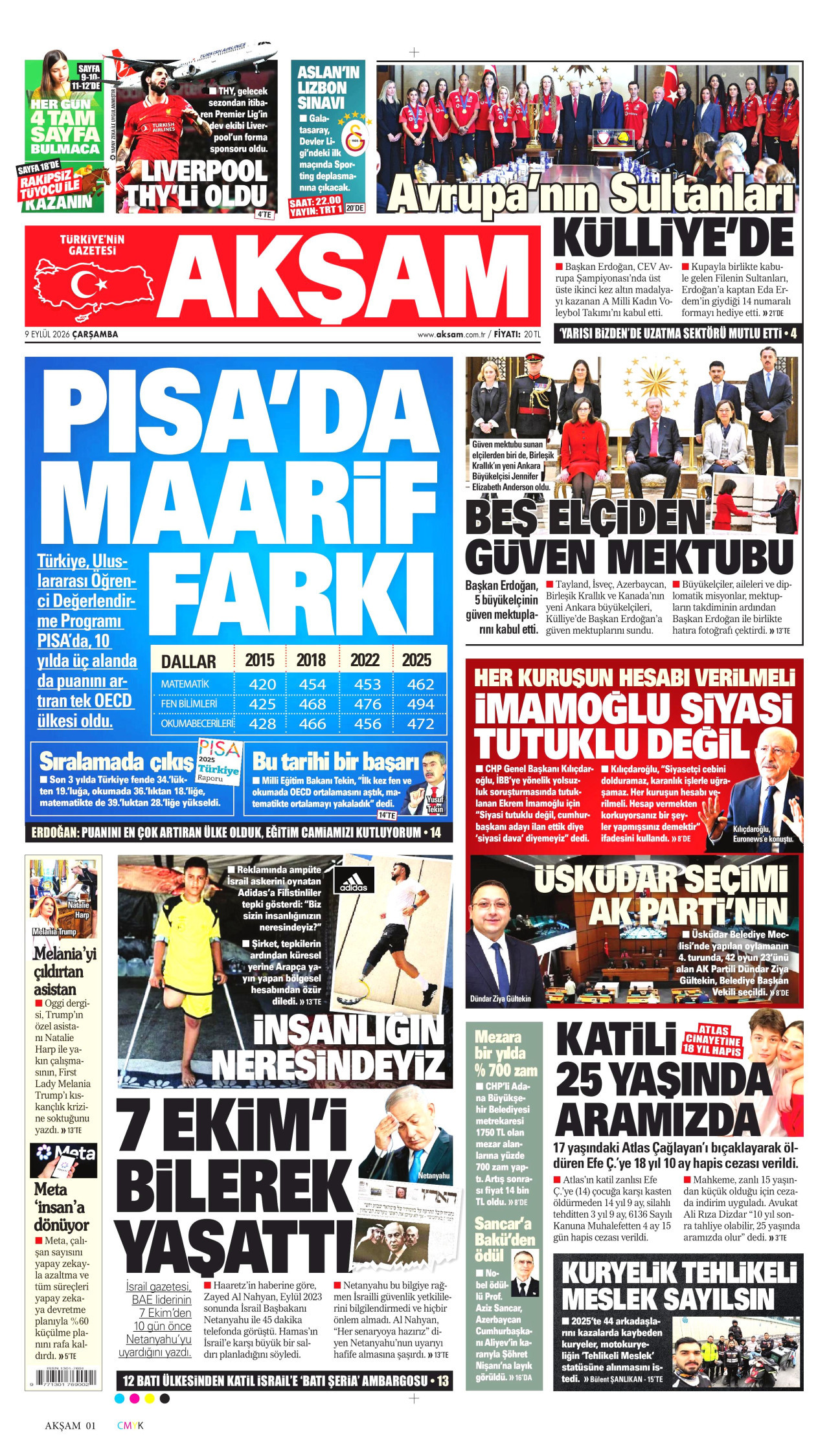 AKŞAM gazetesinin 9 Eylül 2026 tarihli birinci sayfası