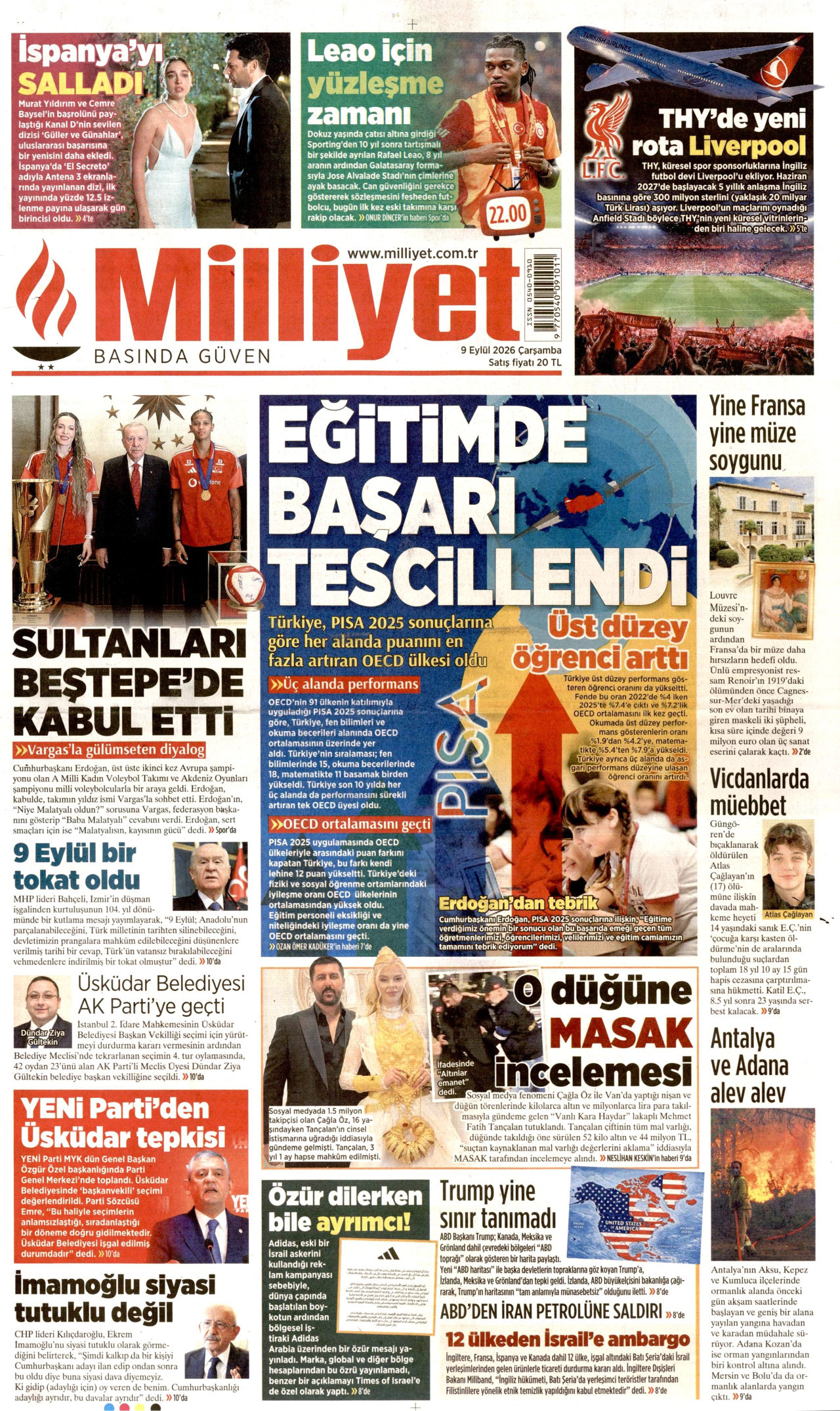 MİLLİYET gazetesinin 9 Eylül 2026 tarihli birinci sayfası
