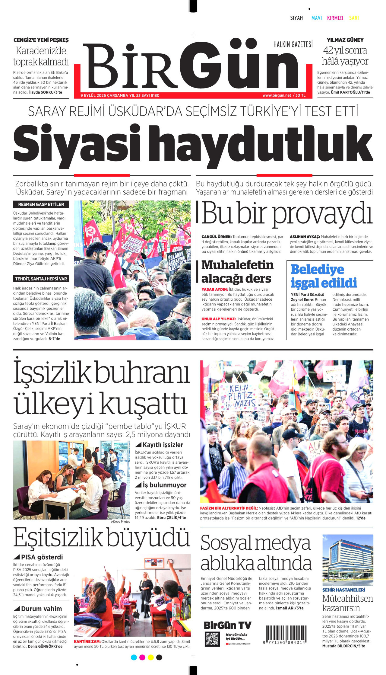 BİRGÜN gazetesinin 9 Eylül 2026 tarihli birinci sayfası