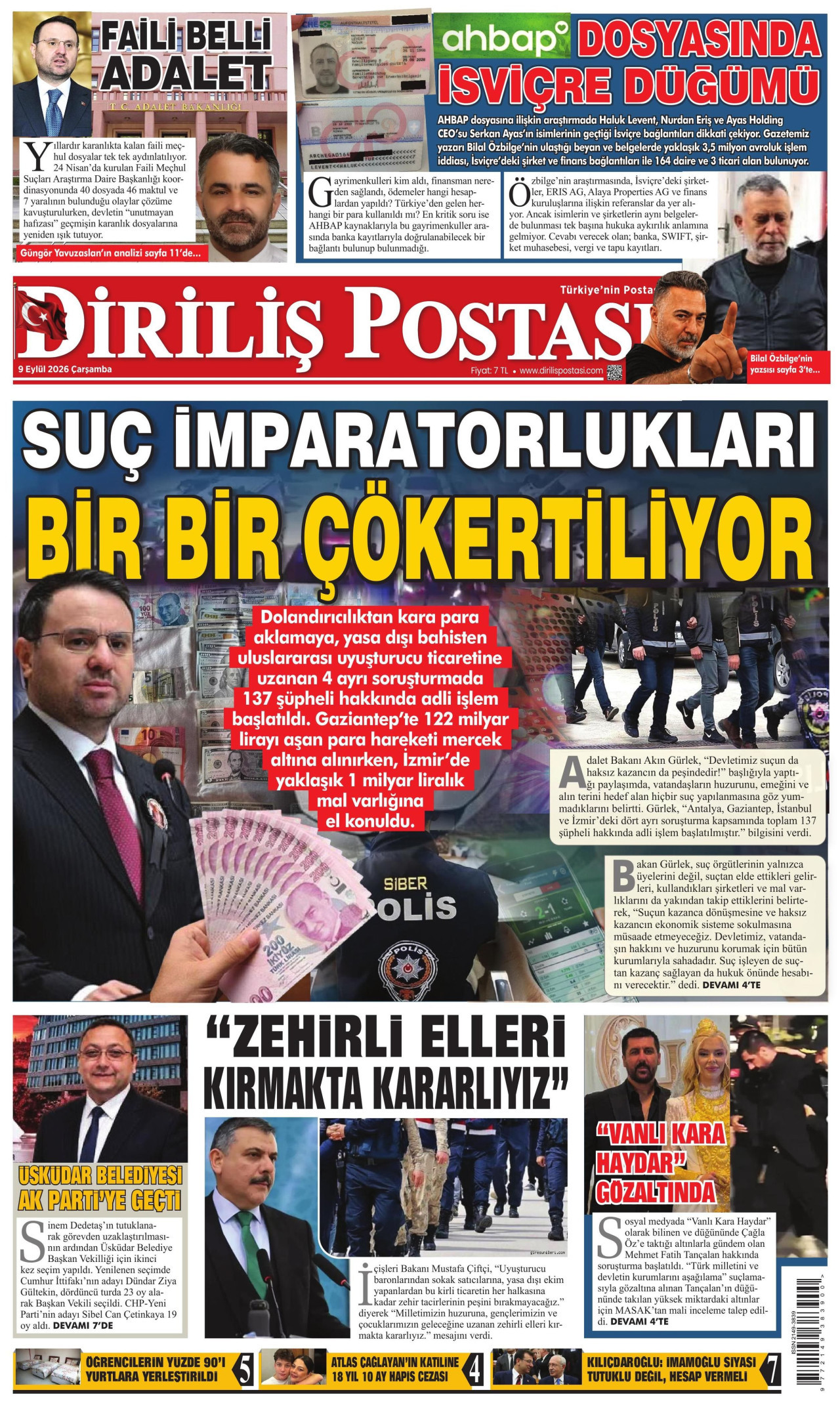 DİRİLİŞ POSTASI gazetesinin 9 Eylül 2026 tarihli birinci sayfası