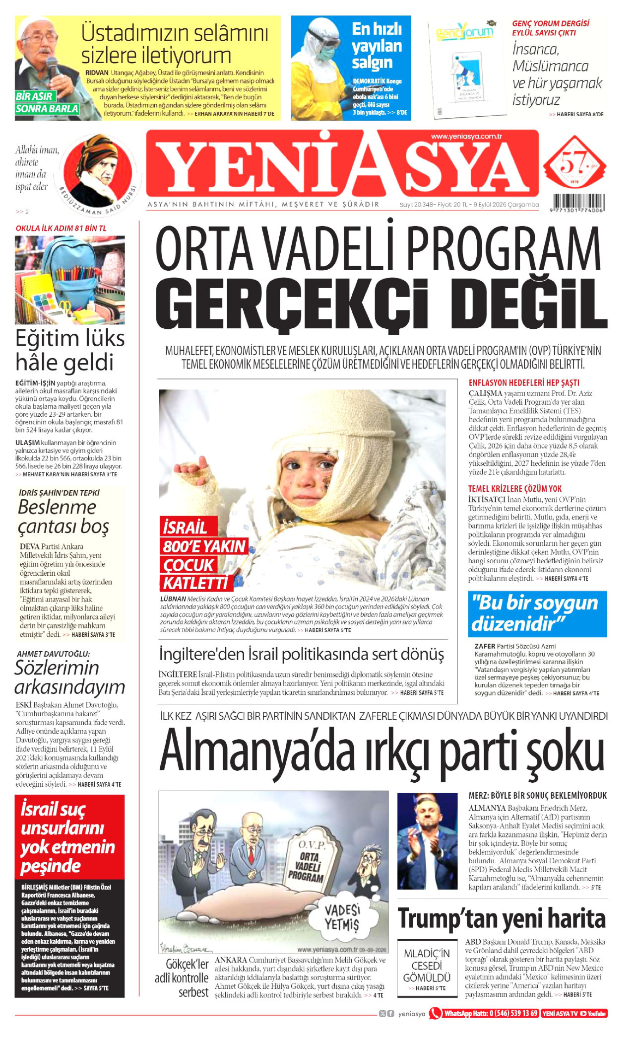 YENİ ASYA gazetesinin 9 Eylül 2026 tarihli birinci sayfası