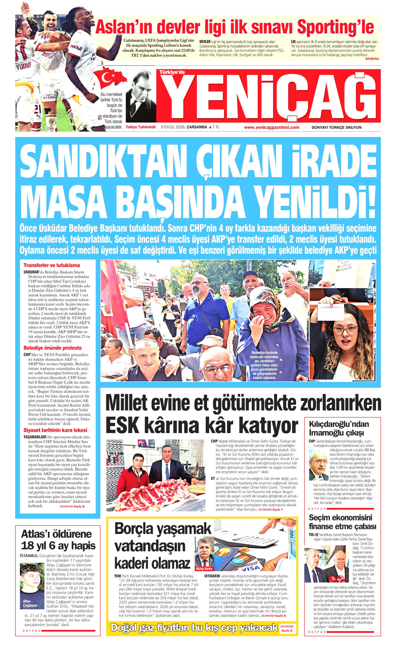 YENİÇAĞ gazetesinin 9 Eylül 2026 tarihli birinci sayfası