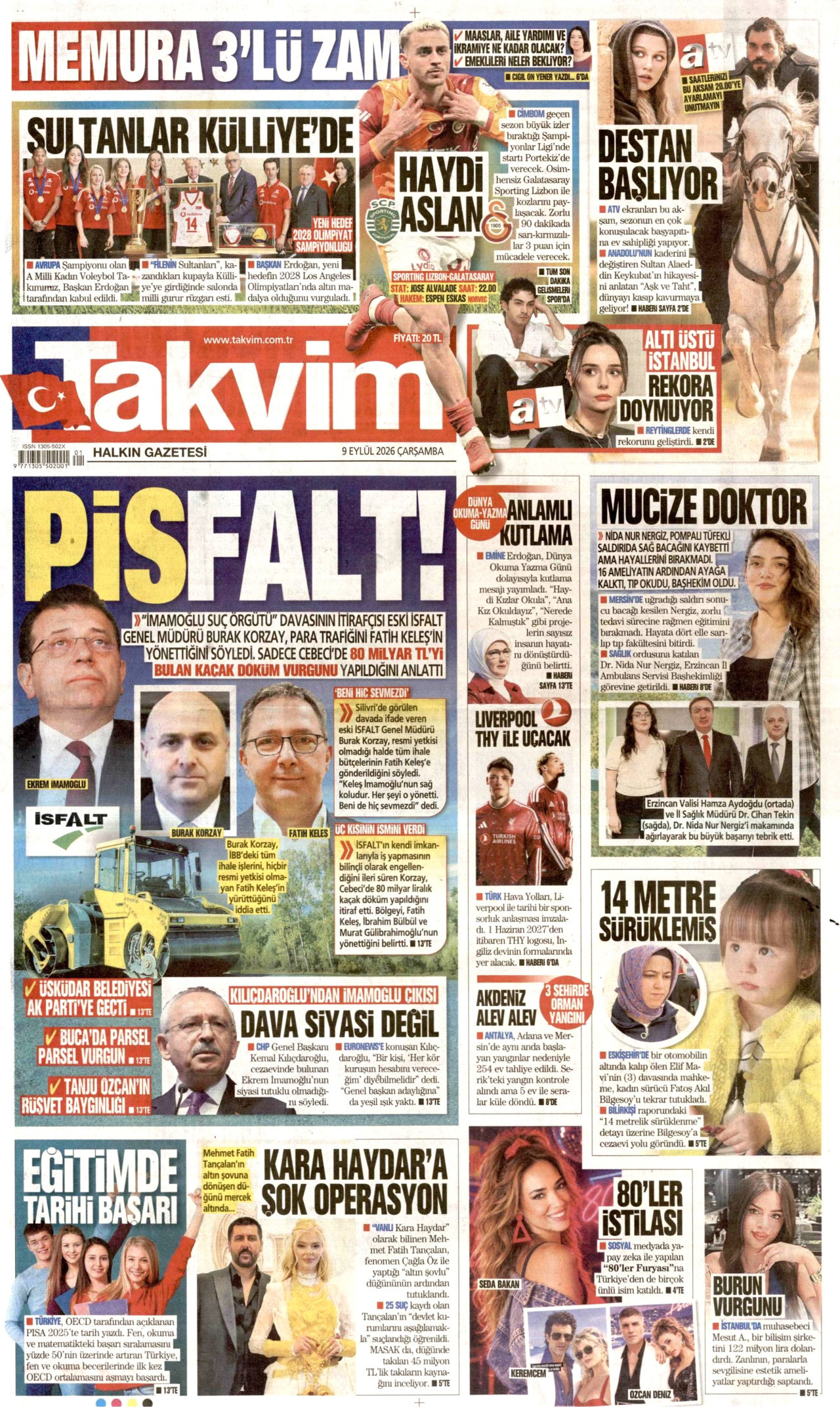TAKVİM gazetesinin 9 Eylül 2026 tarihli birinci sayfası