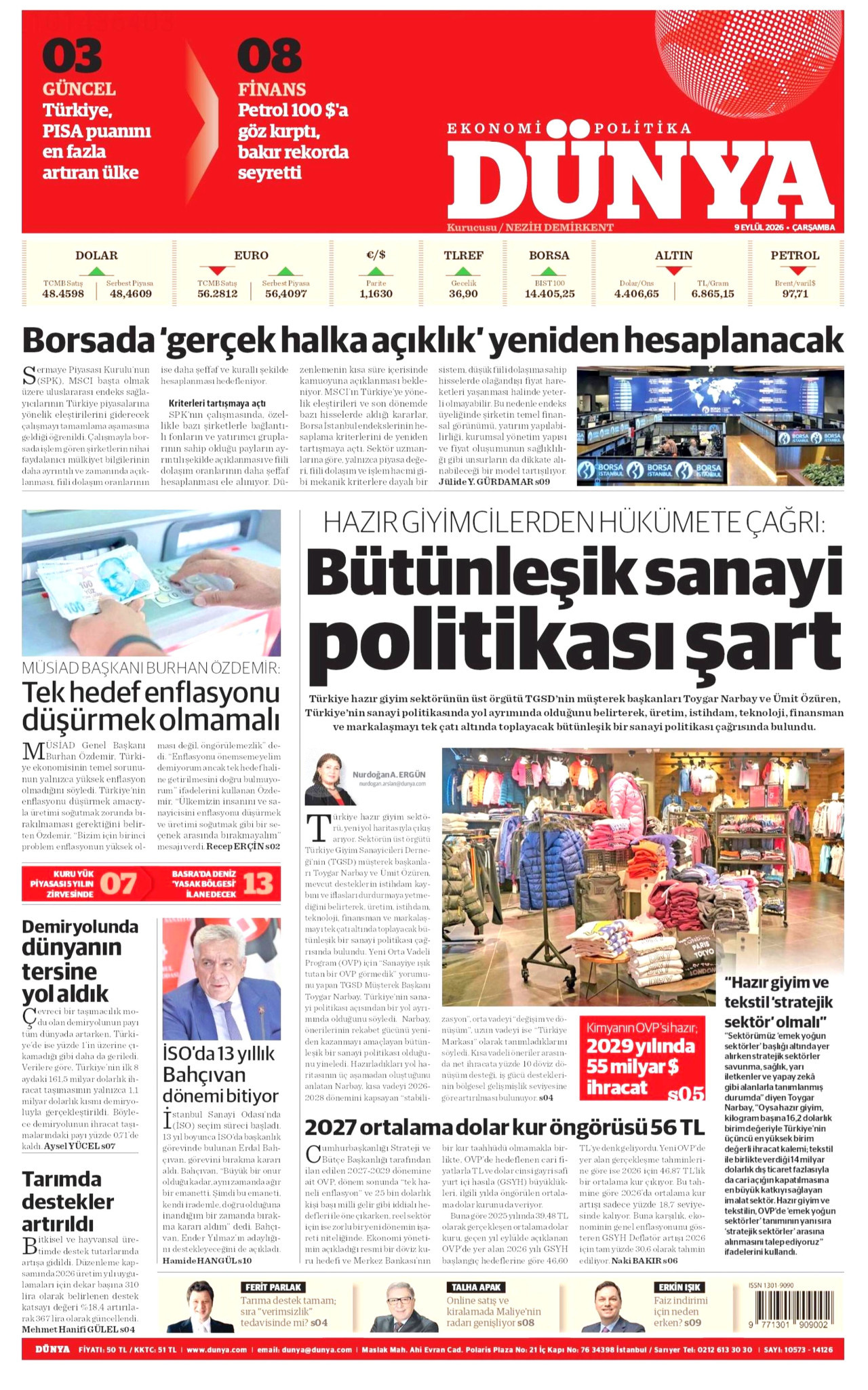DÜNYA gazetesinin 9 Eylül 2026 tarihli birinci sayfası